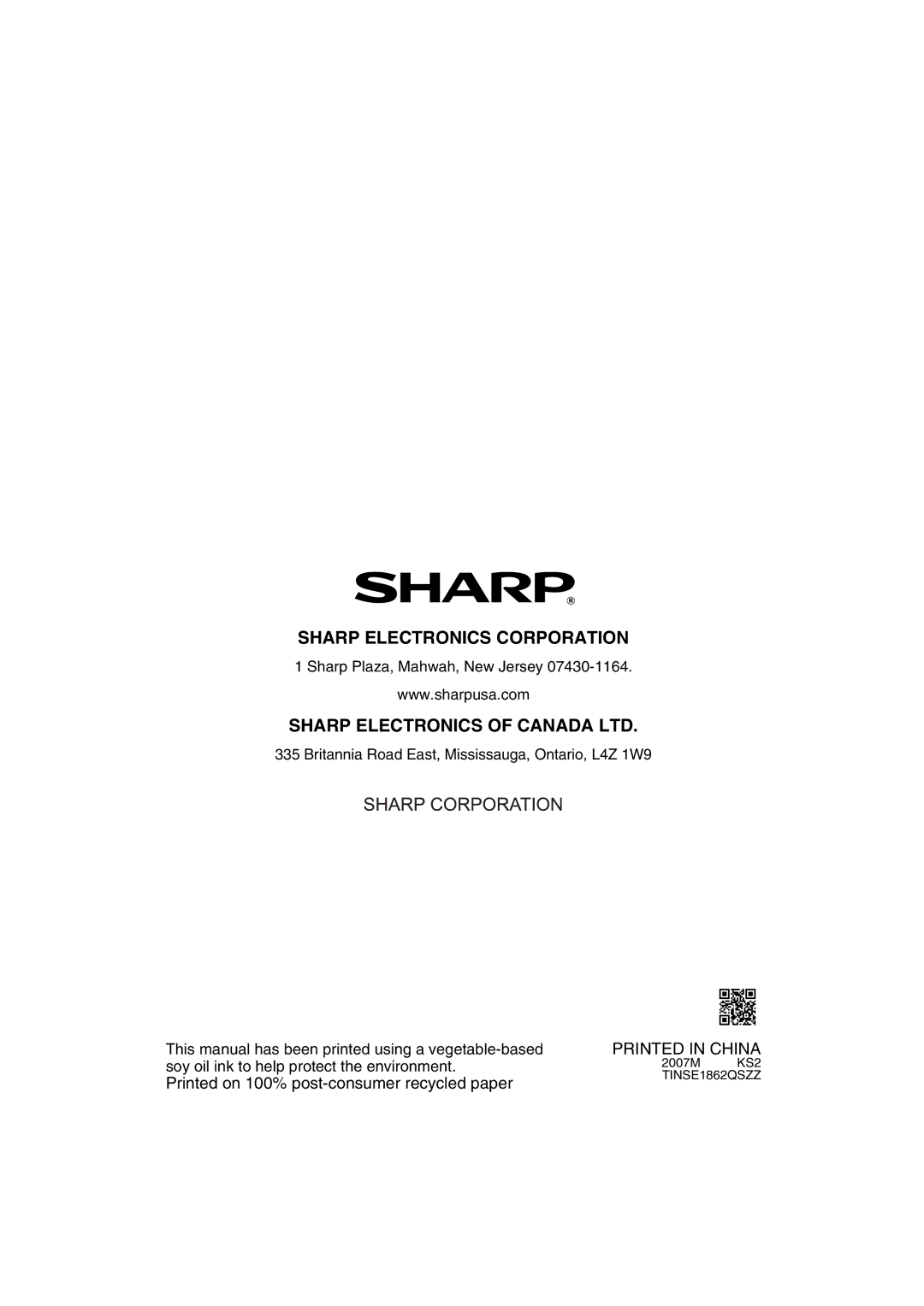 Sony AR-208S operation manual Sharp Electronics Corporation 