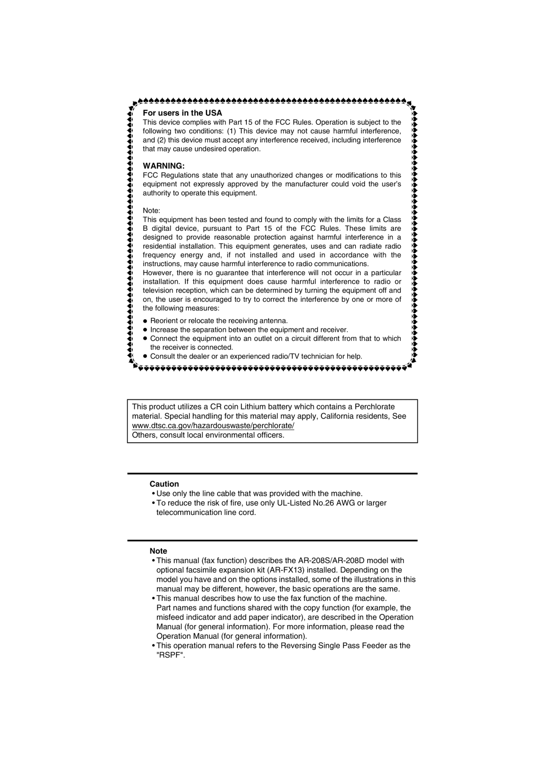 Sony AR-208S operation manual For users in the USA 