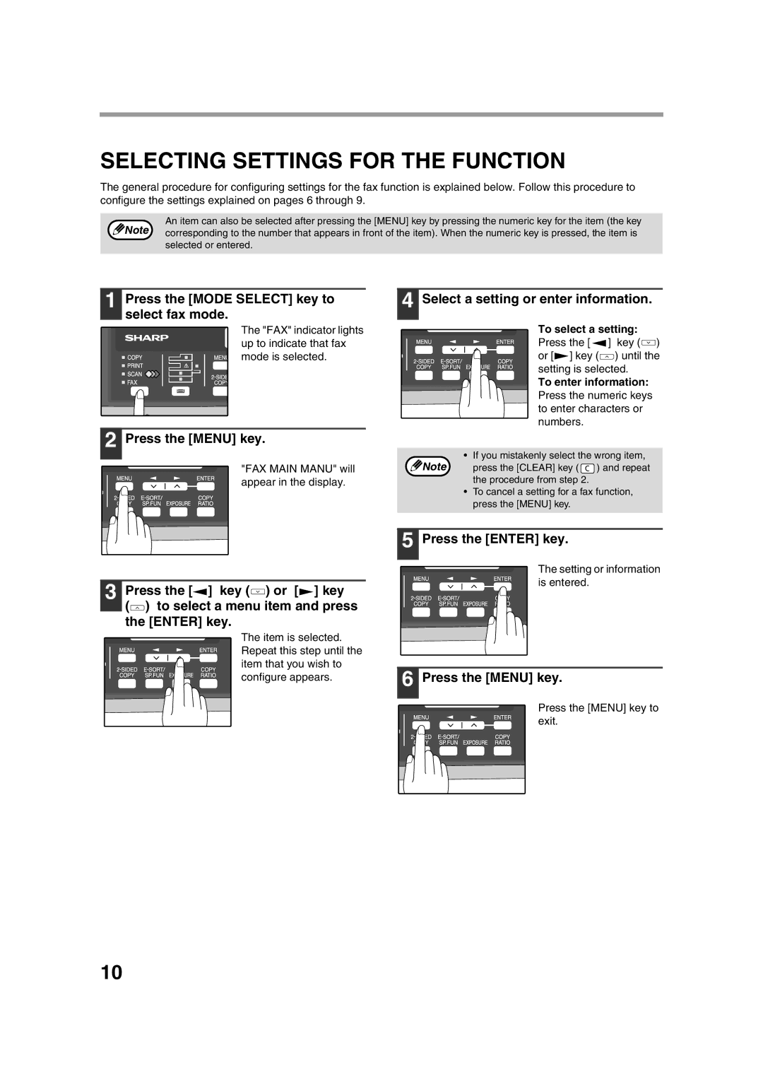 Sony AR-208S Selecting Settings for the Function, Press the Mode Select key to select fax mode, Press the Menu key 