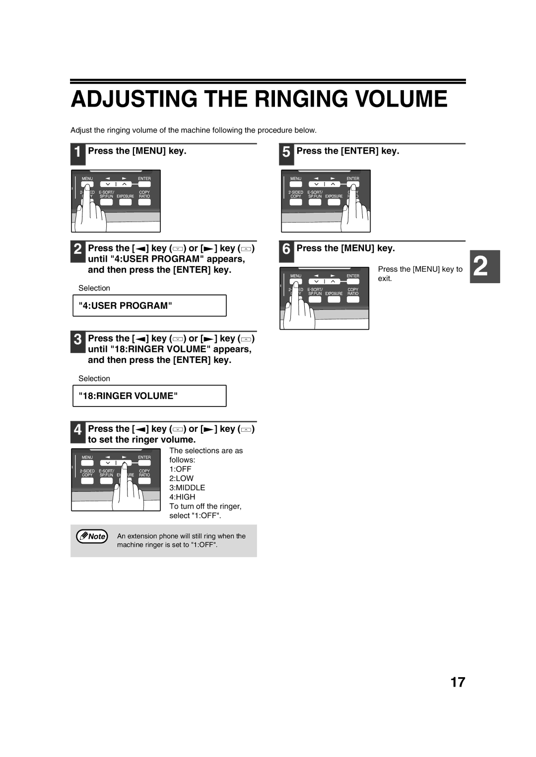 Sony AR-208S Adjusting the Ringing Volume, 4USER Program, 18RINGER Volume, Press the key or key to set the ringer volume 