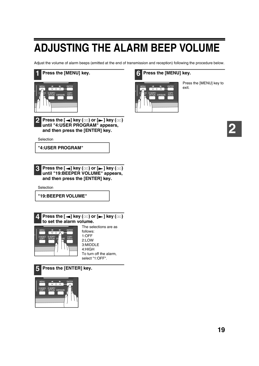 Sony AR-208S operation manual 19BEEPER Volume, Press the key or key to set the alarm volume 