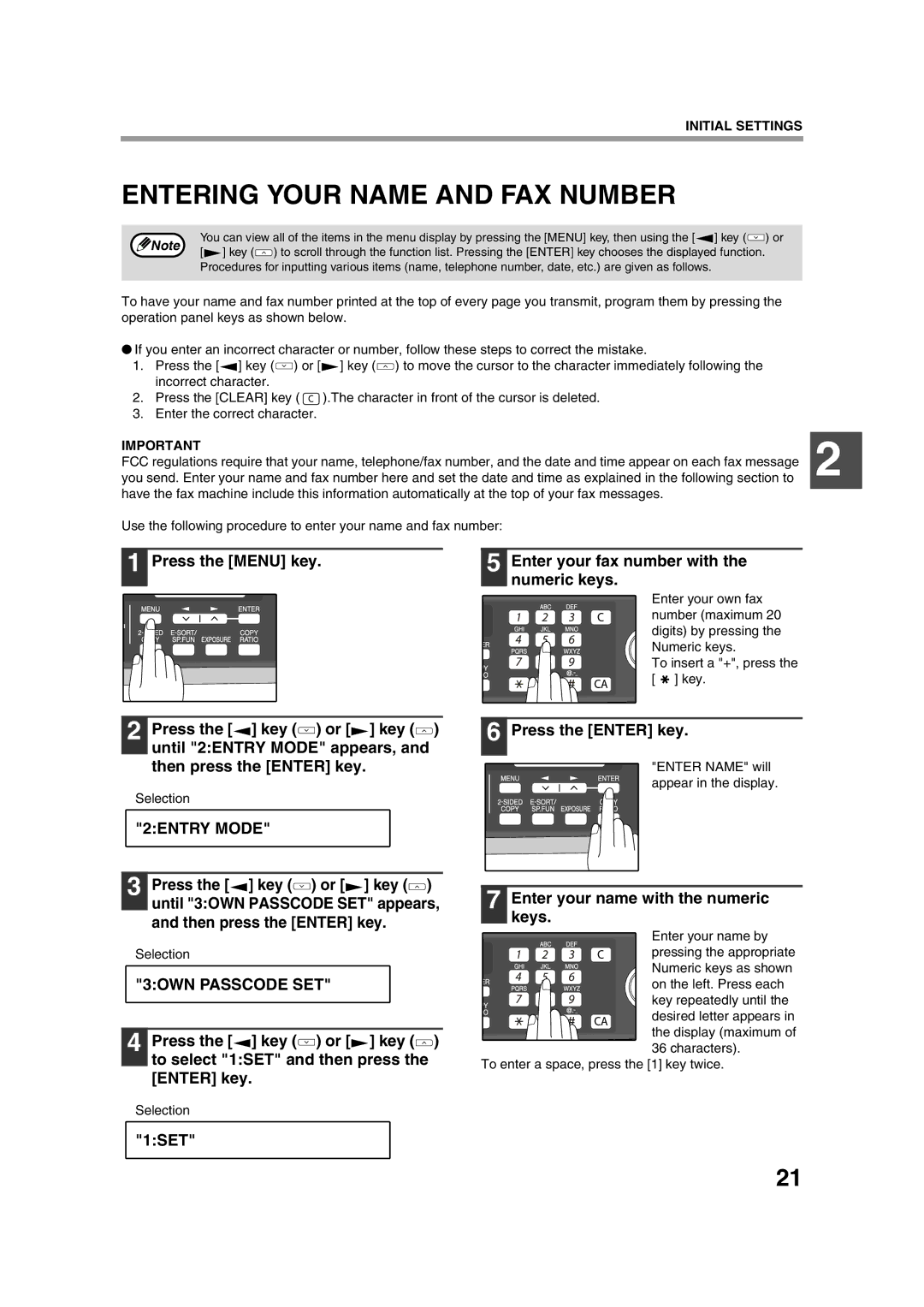 Sony AR-208S operation manual Entering Your Name and FAX Number, 2ENTRY Mode, 3OWN Passcode SET 