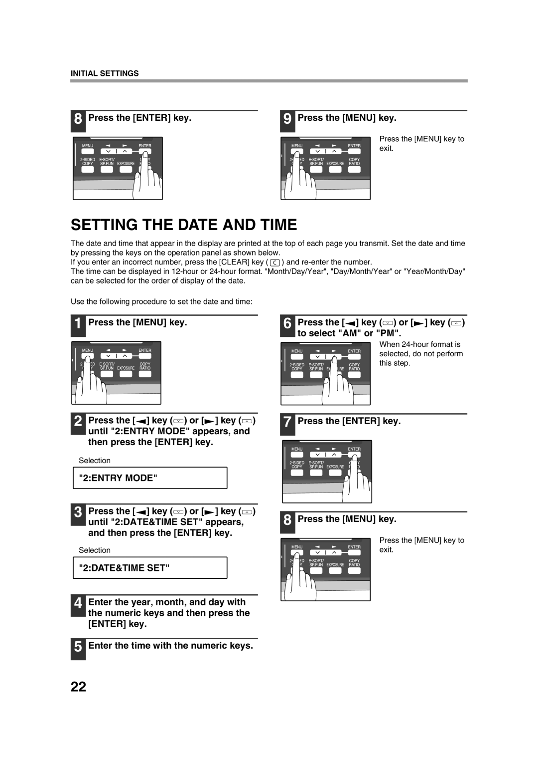 Sony AR-208S operation manual Setting the Date and Time, Press the Enter key Press the Menu key, 2DATE&TIME SET 