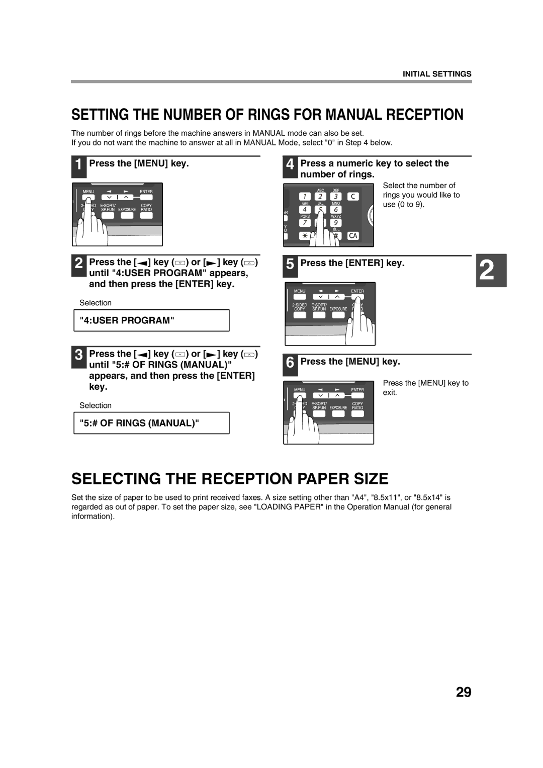 Sony AR-208S operation manual Selecting the Reception Paper Size, # of Rings Manual 