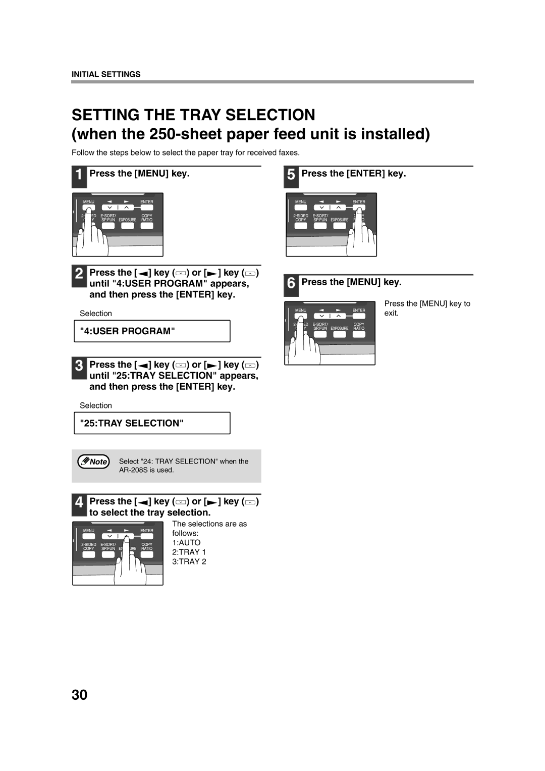 Sony AR-208S Setting the Tray Selection, 25TRAY Selection, Press the key or key to select the tray selection 