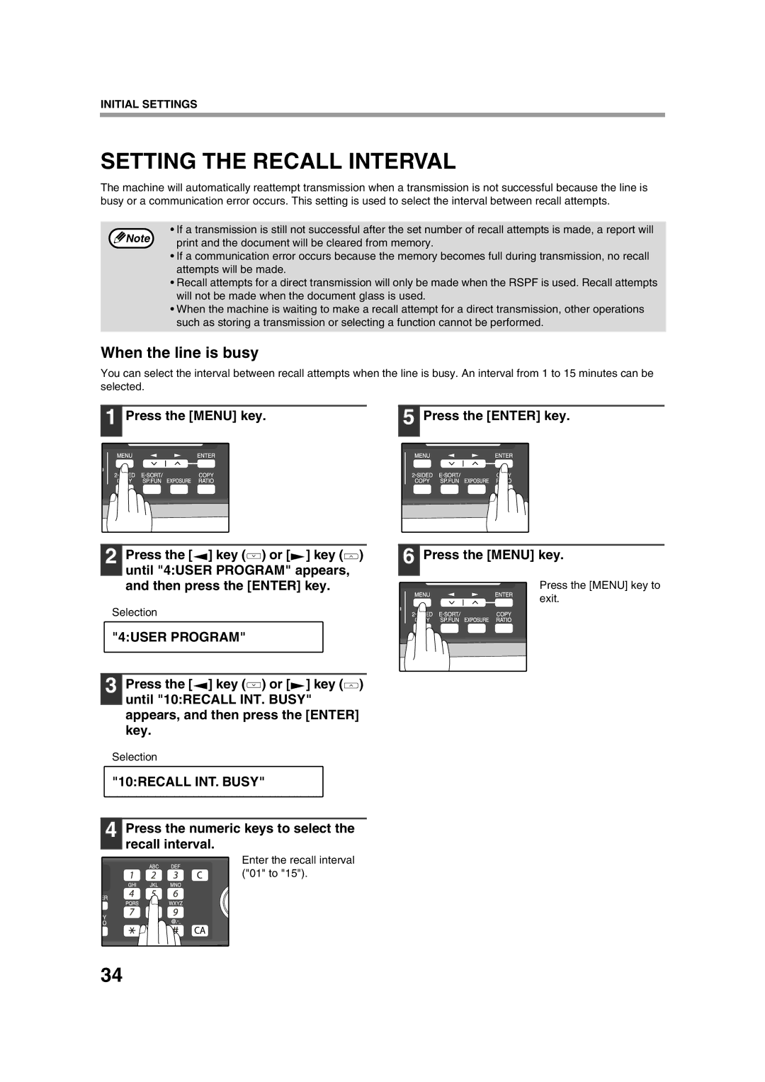 Sony AR-208S Setting the Recall Interval, 10RECALL INT. Busy, Press the numeric keys to select the recall interval 