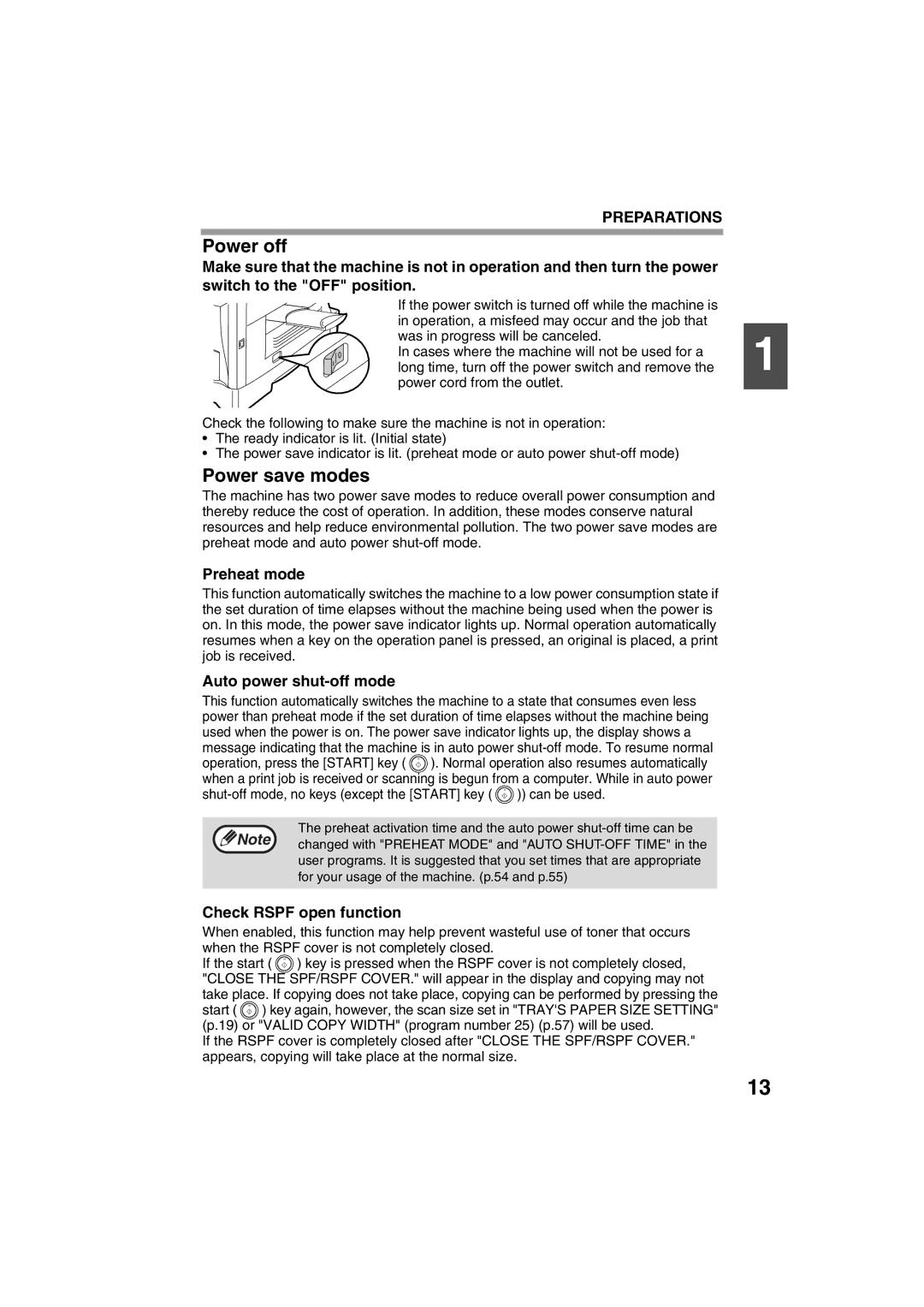 Sony AR-208S operation manual Power off, Power save modes, Preheat mode, Auto power shut-off mode, Check Rspf open function 