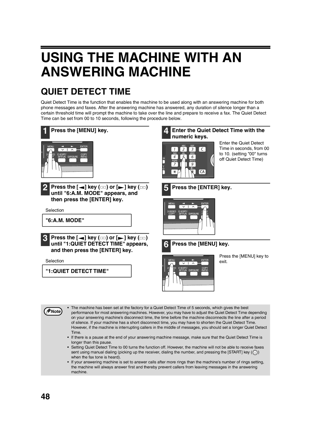 Sony AR-208S Using the Machine with AN Answering Machine, Quiet Detect Time, 6A.M. Mode, 1QUIET Detect Time 