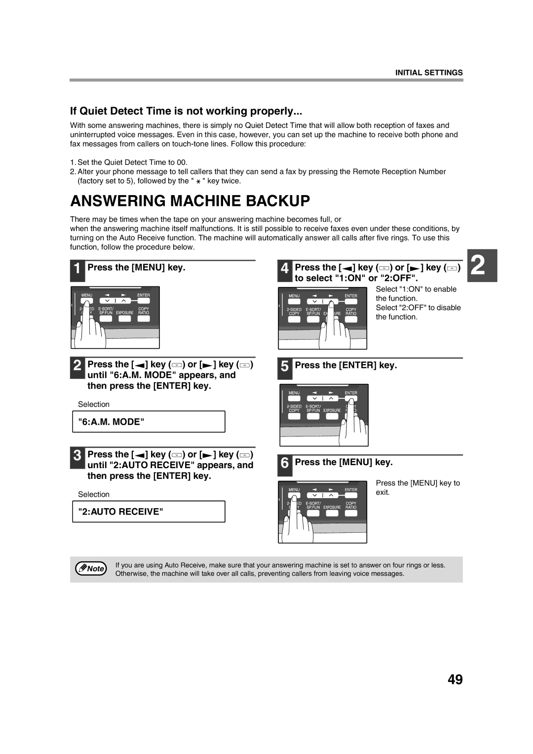 Sony AR-208S operation manual Answering Machine Backup, If Quiet Detect Time is not working properly, 2AUTO Receive 