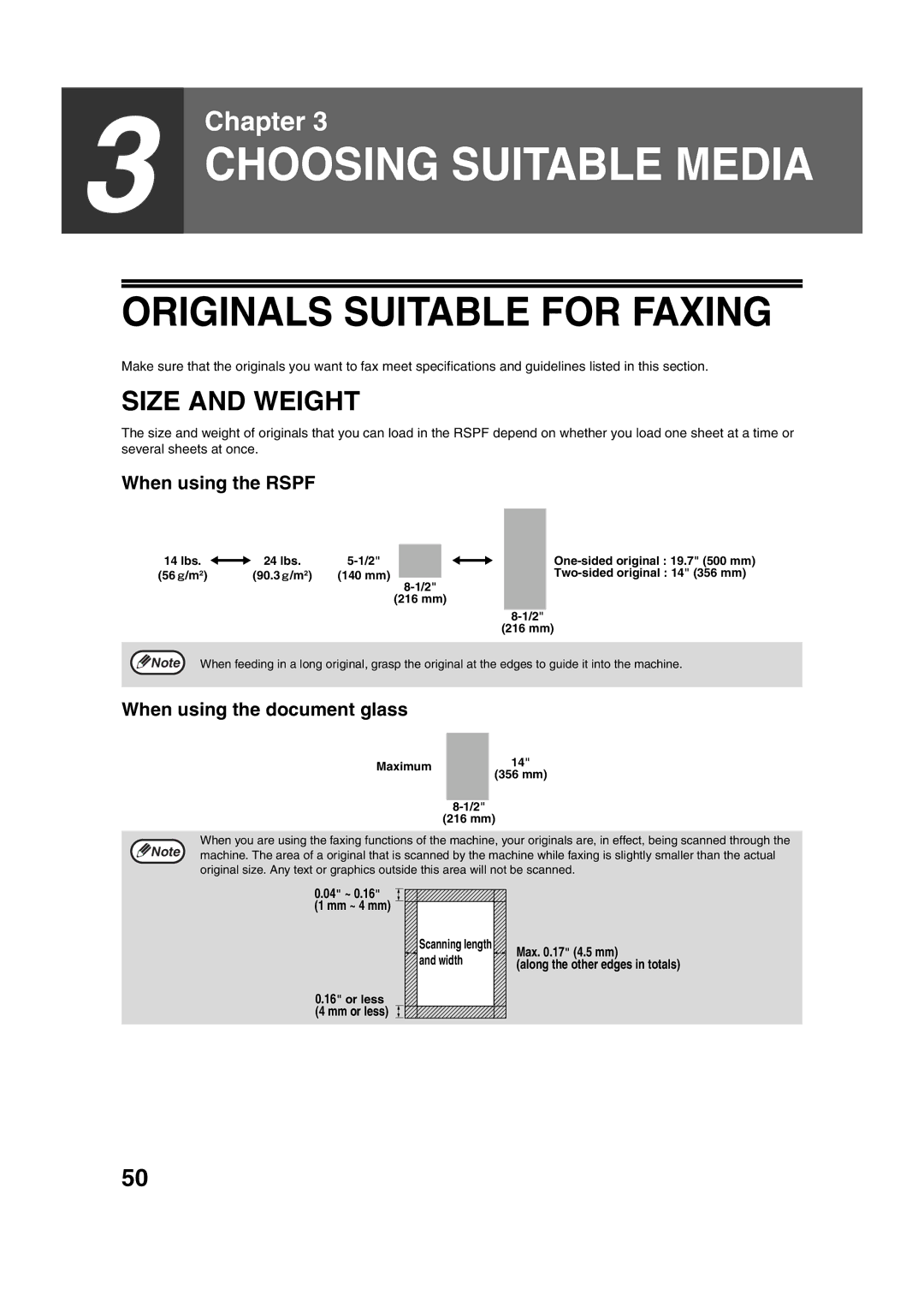 Sony AR-208S Originals Suitable for Faxing, Size and Weight, When using the Rspf, When using the document glass 