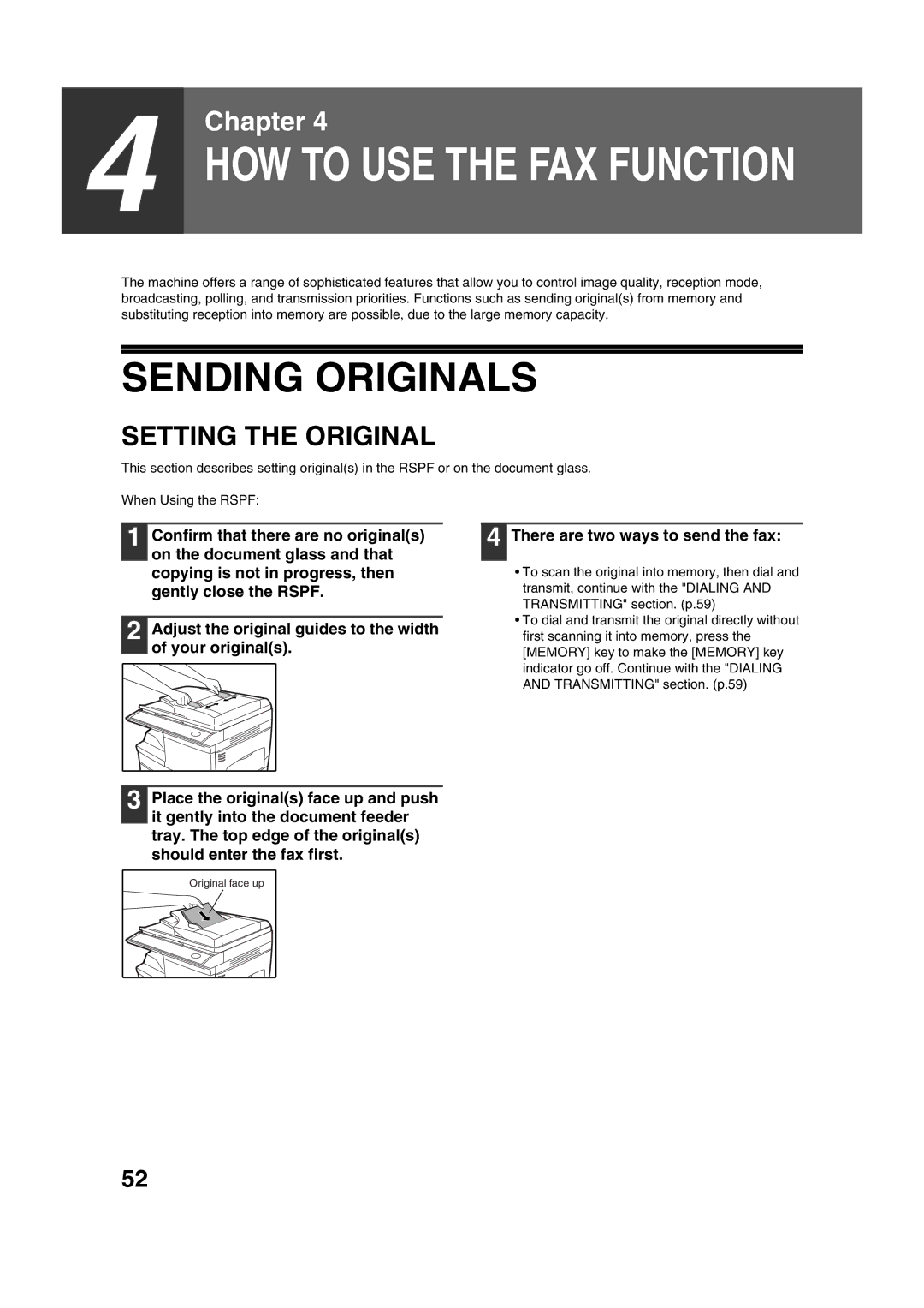 Sony AR-208S Sending Originals, Setting the Original, Adjust the original guides to the width of your originals 