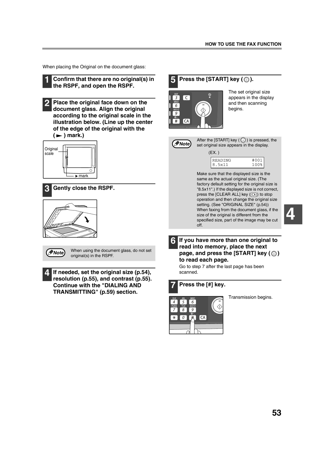 Sony AR-208S operation manual Mark, Gently close the Rspf, Press the Start key, Press the # key 