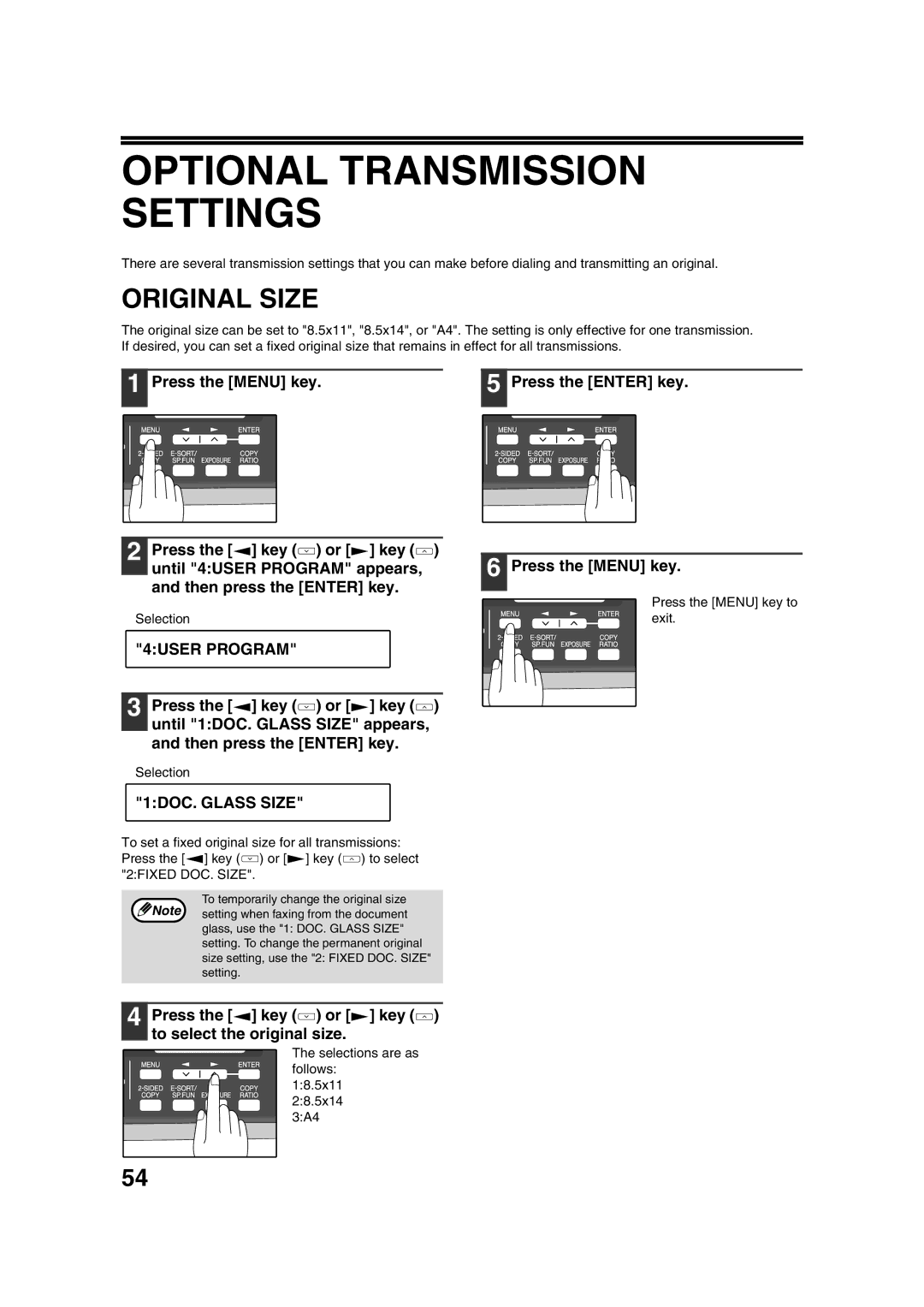 Sony AR-208S operation manual Optional Transmission Settings, Original Size, 1DOC. Glass Size 