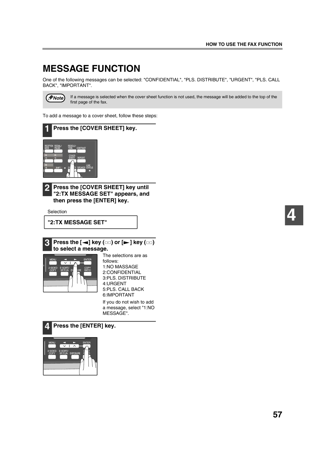 Sony AR-208S operation manual Message Function, 2TX Message SET, Press the key or key to select a message 