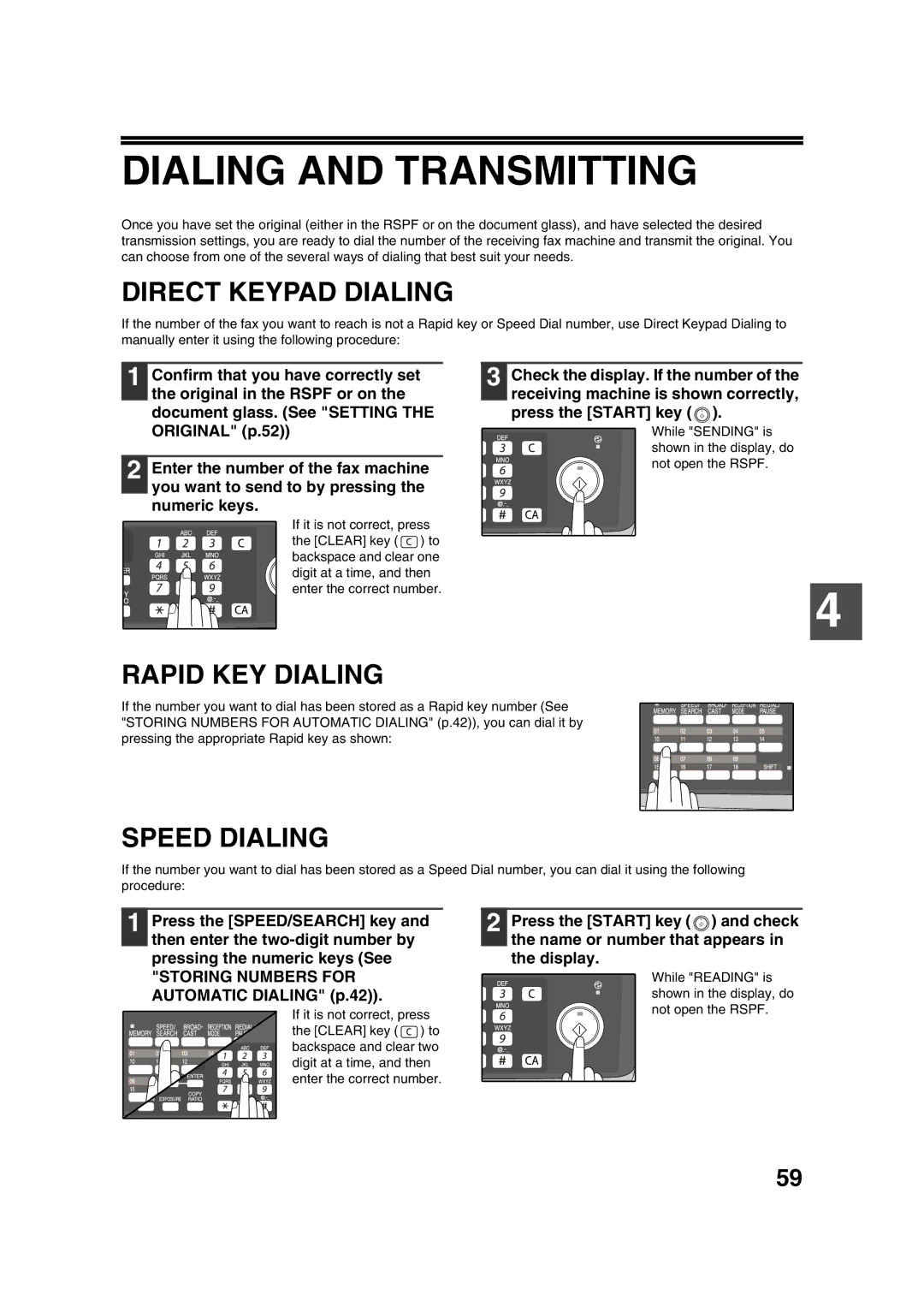 Sony AR-208S operation manual Dialing and Transmitting, Direct Keypad Dialing, Rapid KEY Dialing, Speed Dialing 