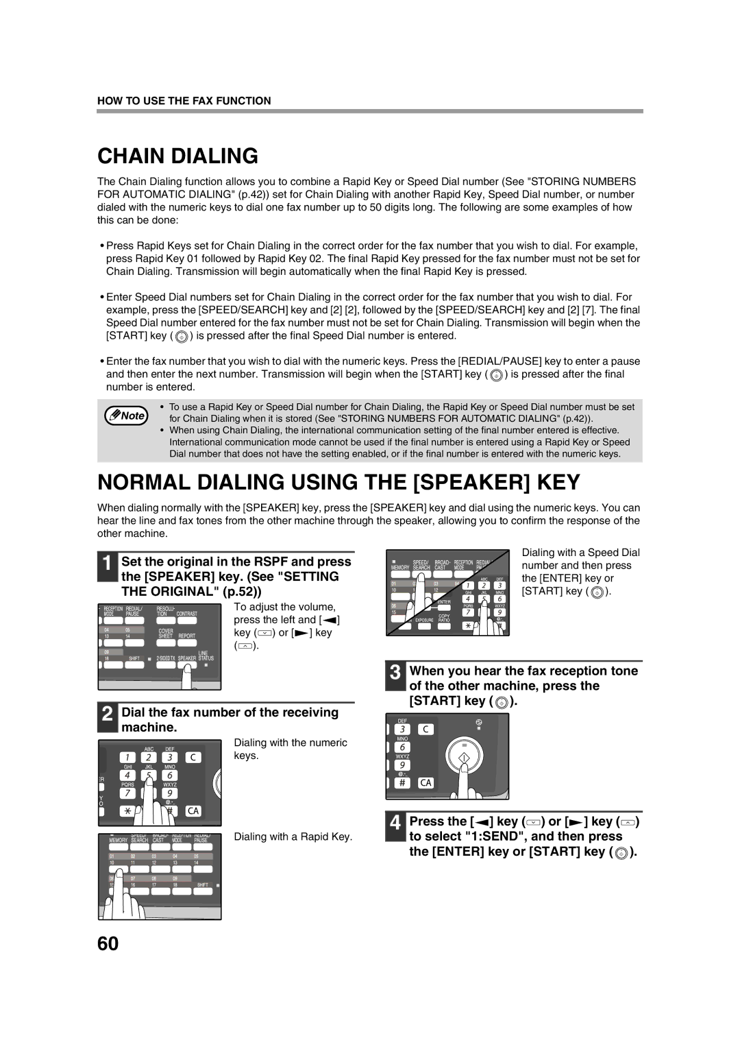 Sony AR-208S Chain Dialing, Normal Dialing Using the Speaker KEY, Dial the fax number of the receiving machine 