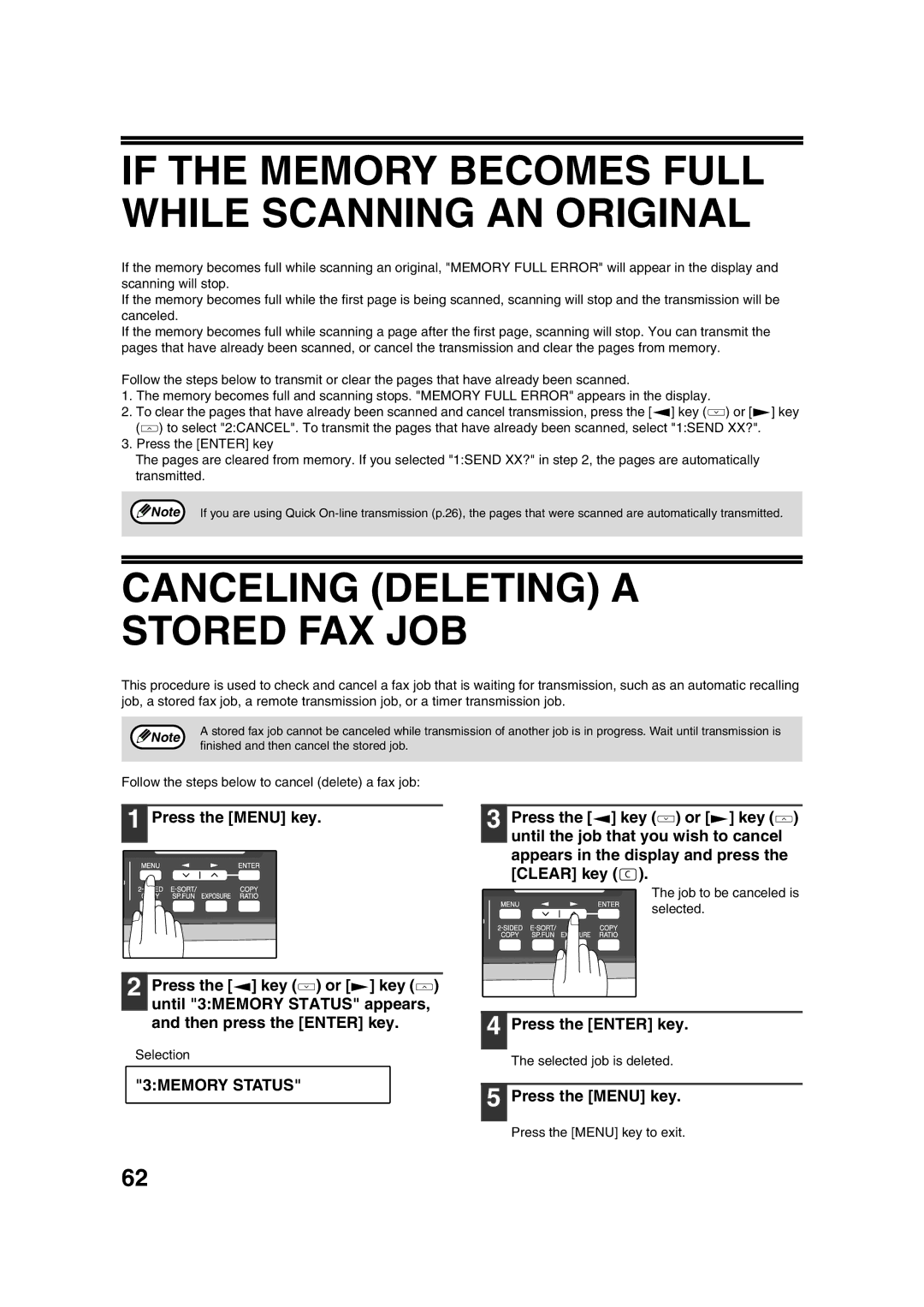 Sony AR-208S If the Memory Becomes Full While Scanning AN Original, Canceling Deleting a Stored FAX JOB, 3MEMORY Status 