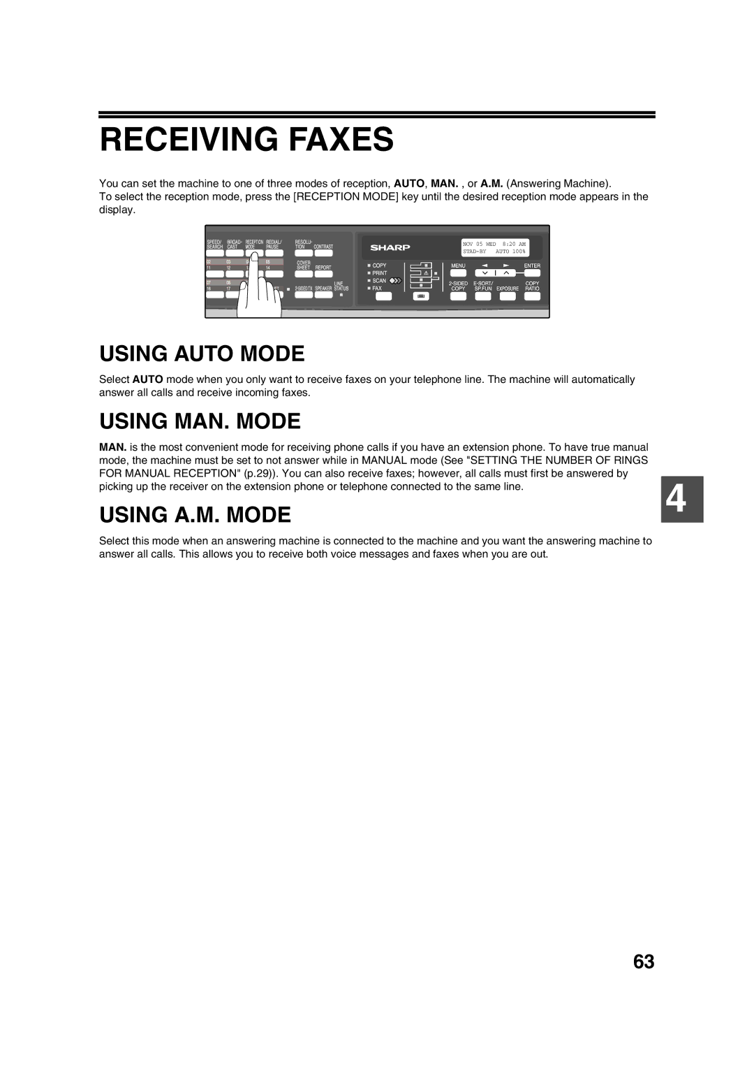 Sony AR-208S operation manual Receiving Faxes, Using Auto Mode, Using MAN. Mode, Using A.M. Mode 