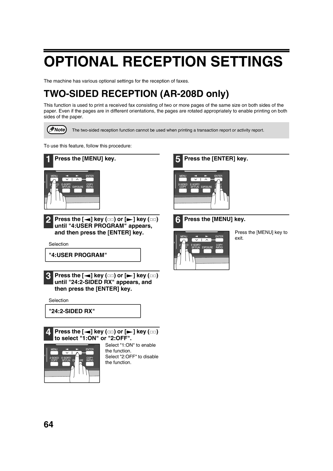 Sony AR-208S operation manual Optional Reception Settings, Sided RX Press the key or key to select 1ON or 2OFF 