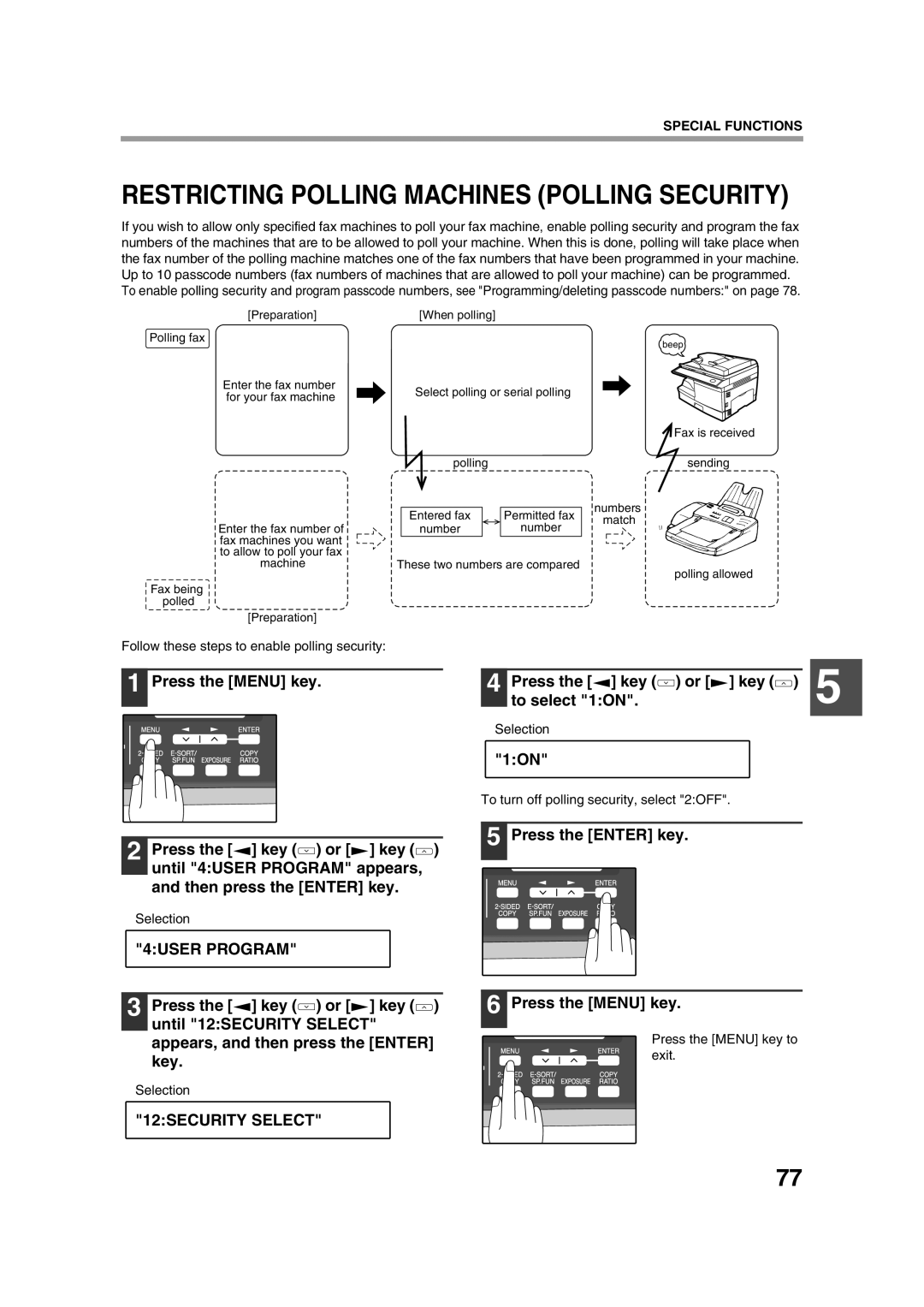 Sony AR-208S Restricting Polling Machines Polling Security, Press the Menu key Press the key or Key To select 1ON 