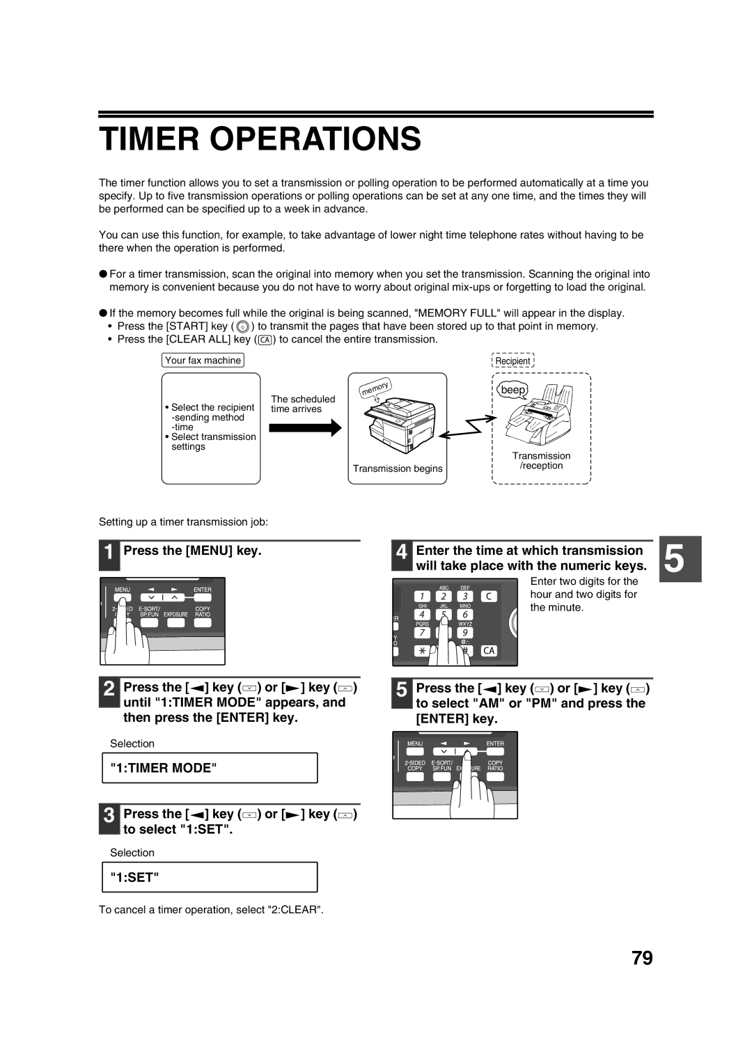 Sony AR-208S Timer Operations, 1TIMER Mode, Press the key or key to select 1SET, Enter the time at which transmission 