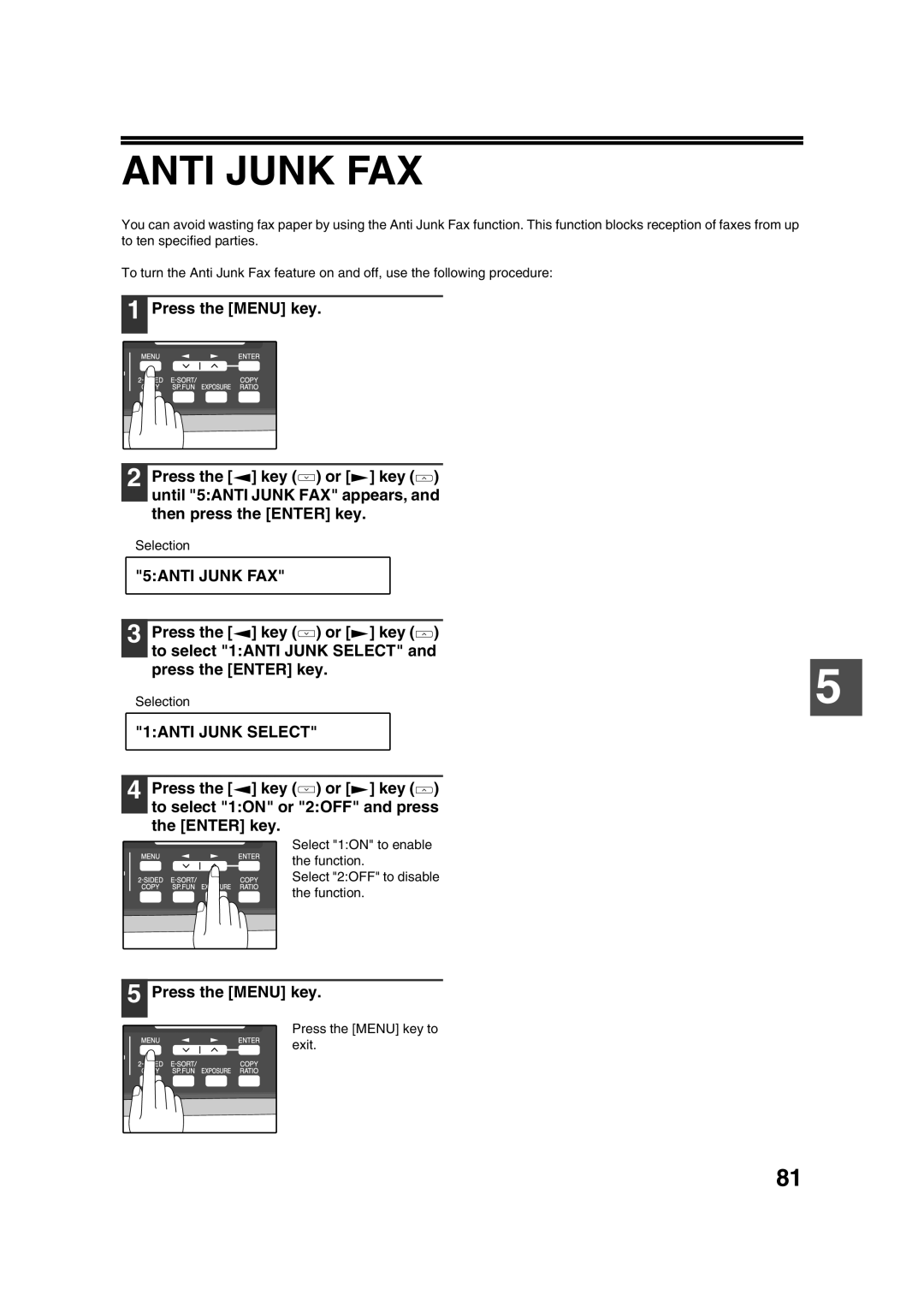 Sony AR-208S operation manual Anti Junk FAX, 5ANTI Junk FAX, 1ANTI Junk Select 