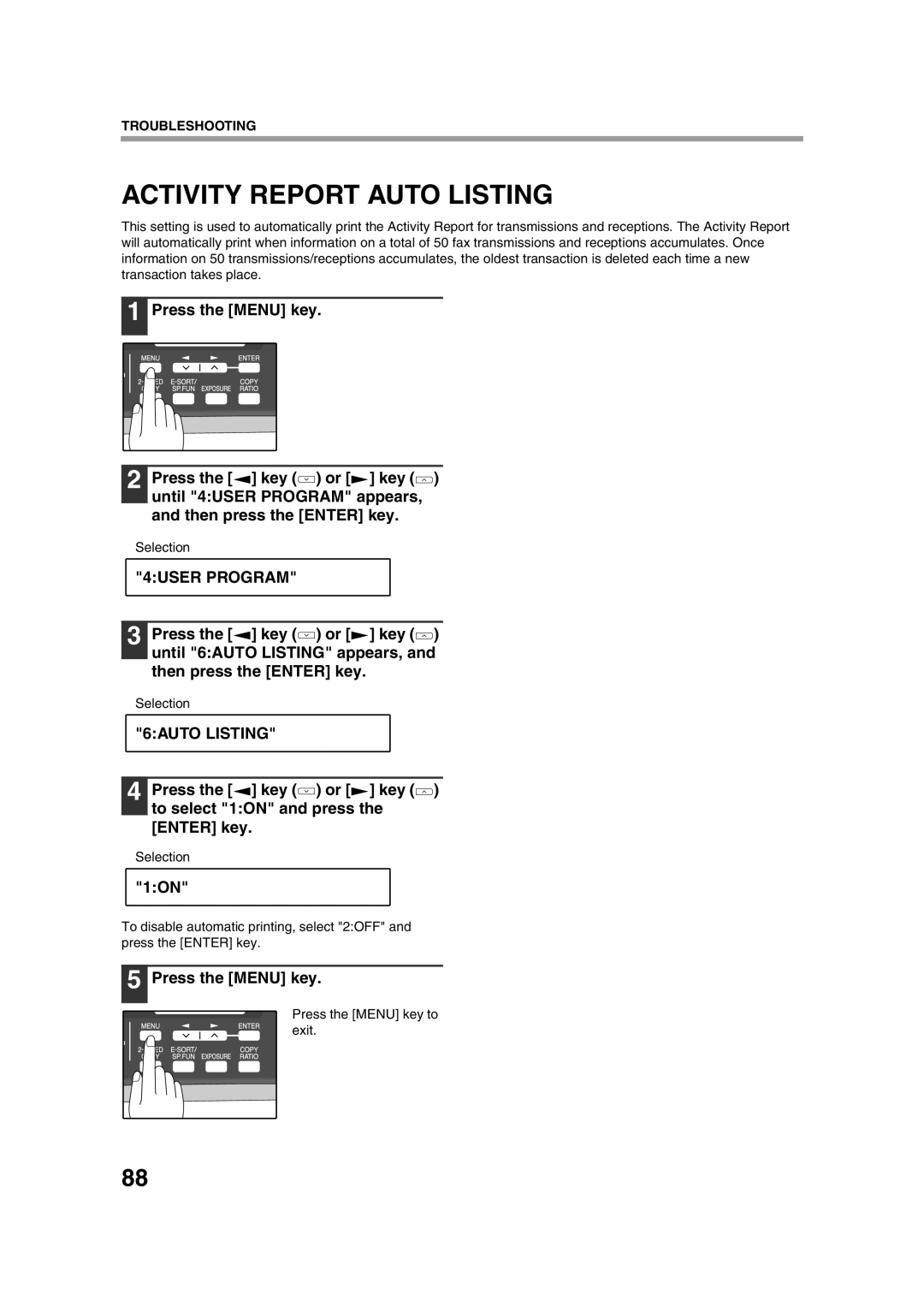 Sony AR-208S Activity Report Auto Listing, 6AUTO Listing, Press the key or key to select 1ON and press the Enter key 