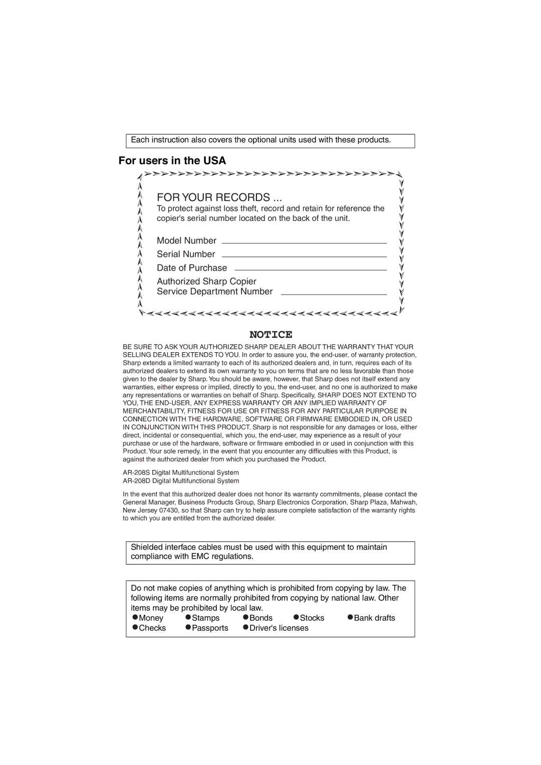 Sony AR-208S operation manual For users in the USA, Checks Passports Drivers licenses 