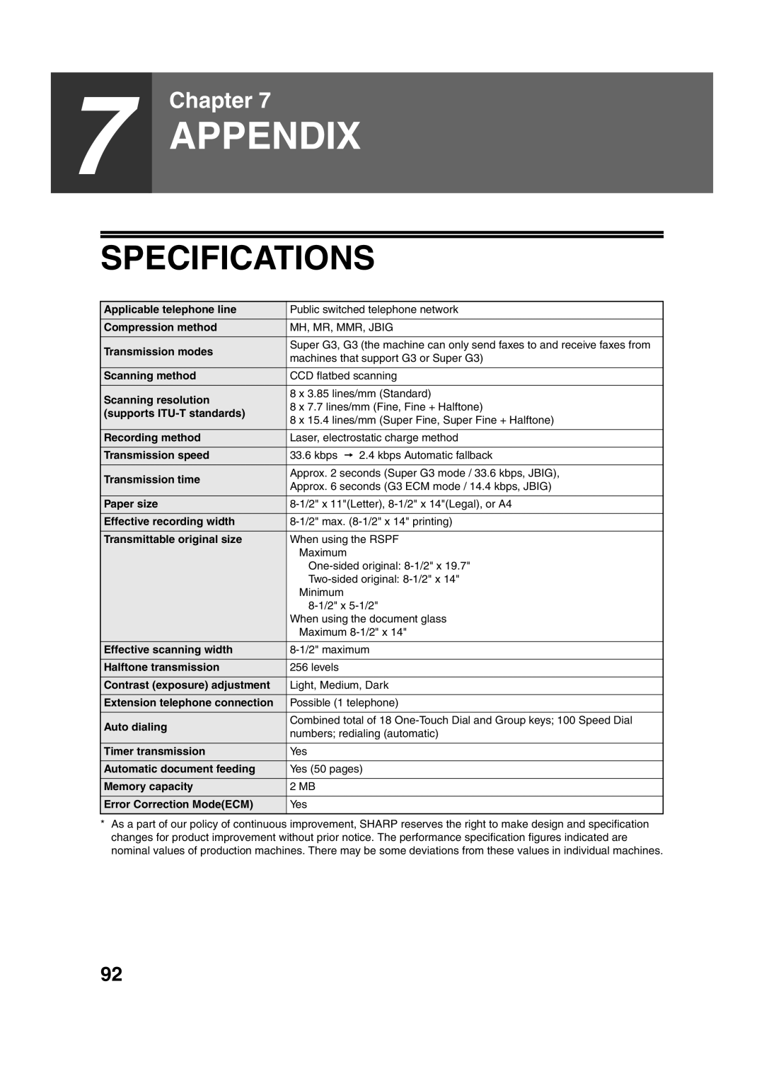 Sony AR-208S operation manual Appendix, Specifications 