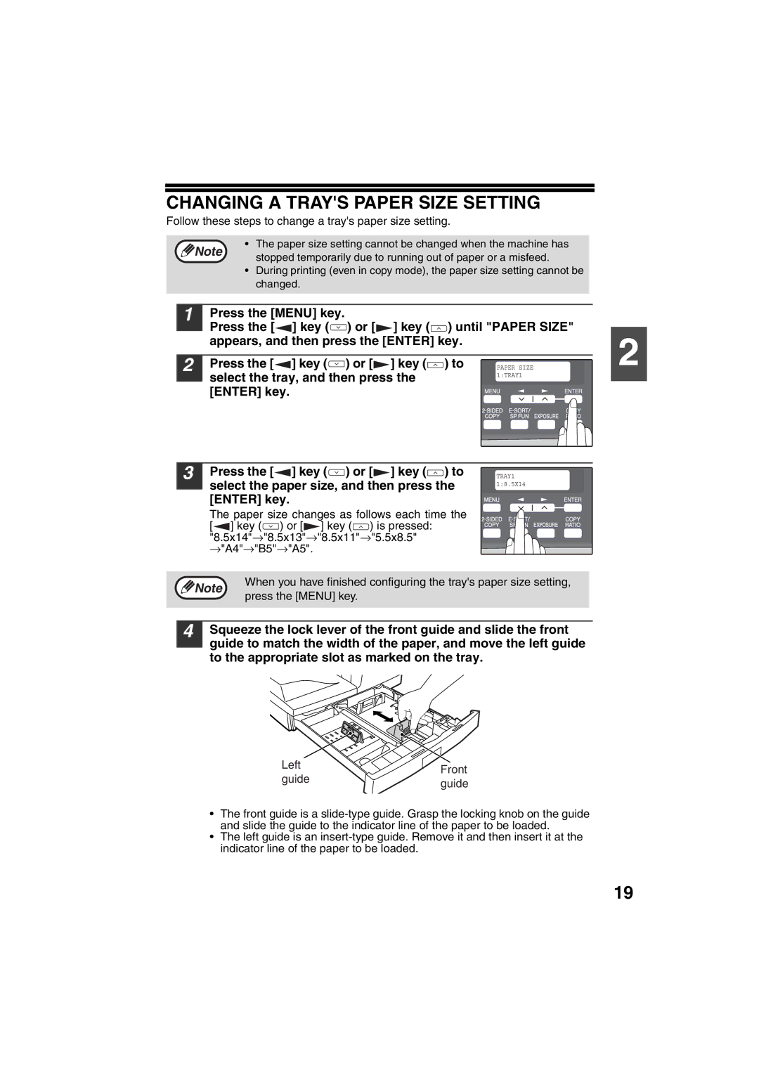 Sony AR-208S Changing a Trays Paper Size Setting, Select the tray, and then press, Press the Menu key, Left Front Guide 