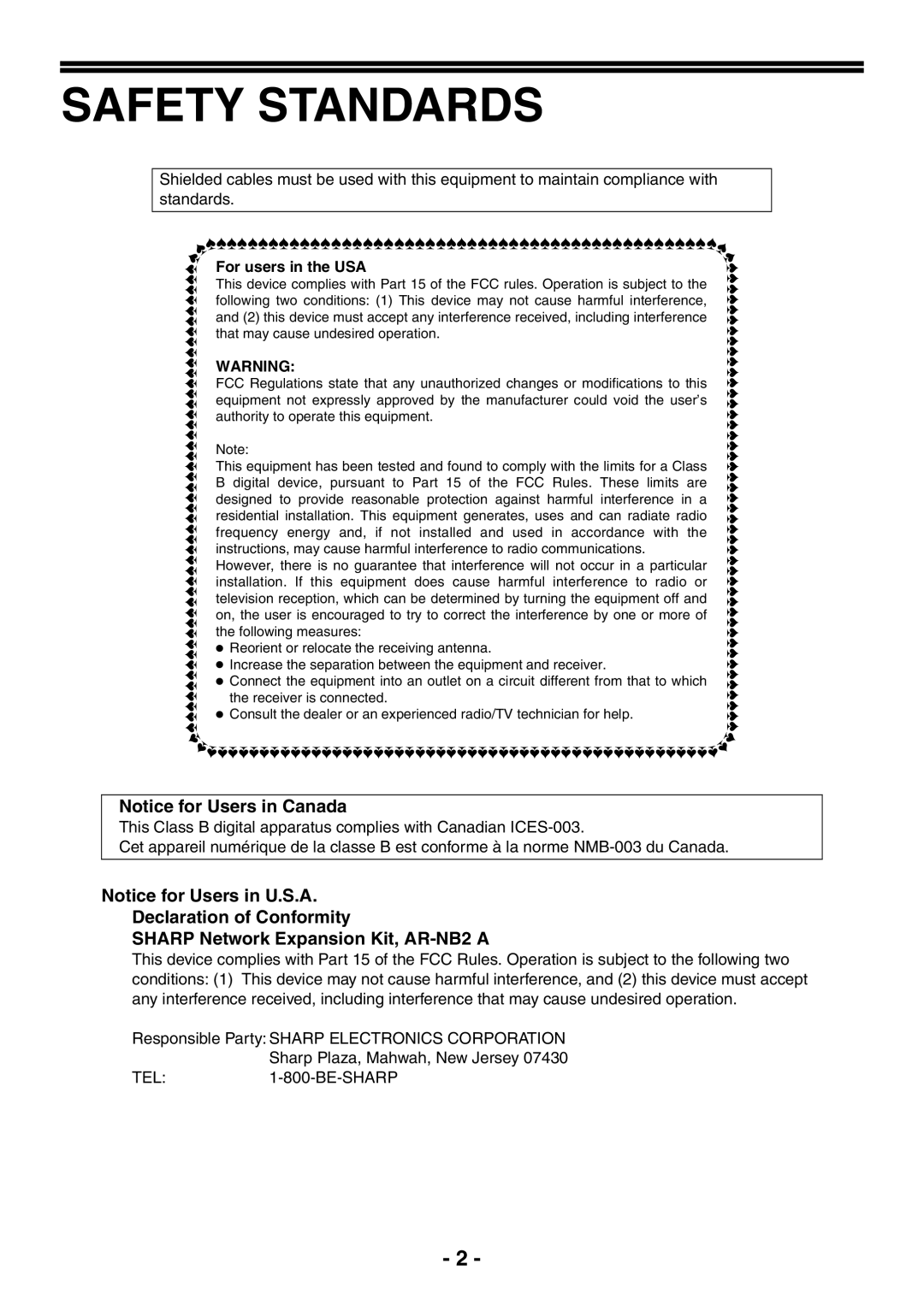 Sony AR-208S operation manual Safety Standards 