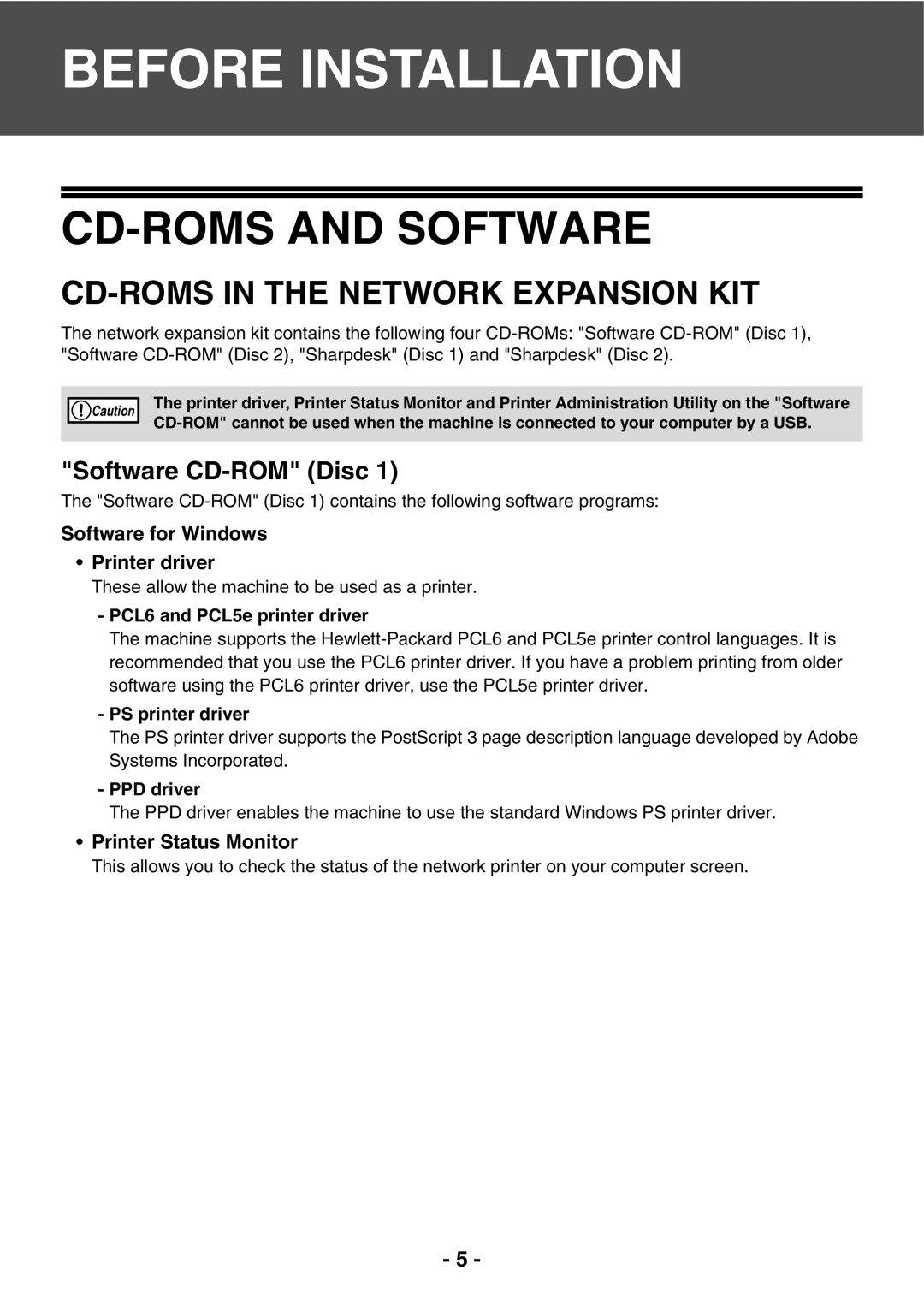 Sony AR-208S operation manual Software CD-ROM Disc, PCL6 and PCL5e printer driver, PS printer driver, PPD driver 