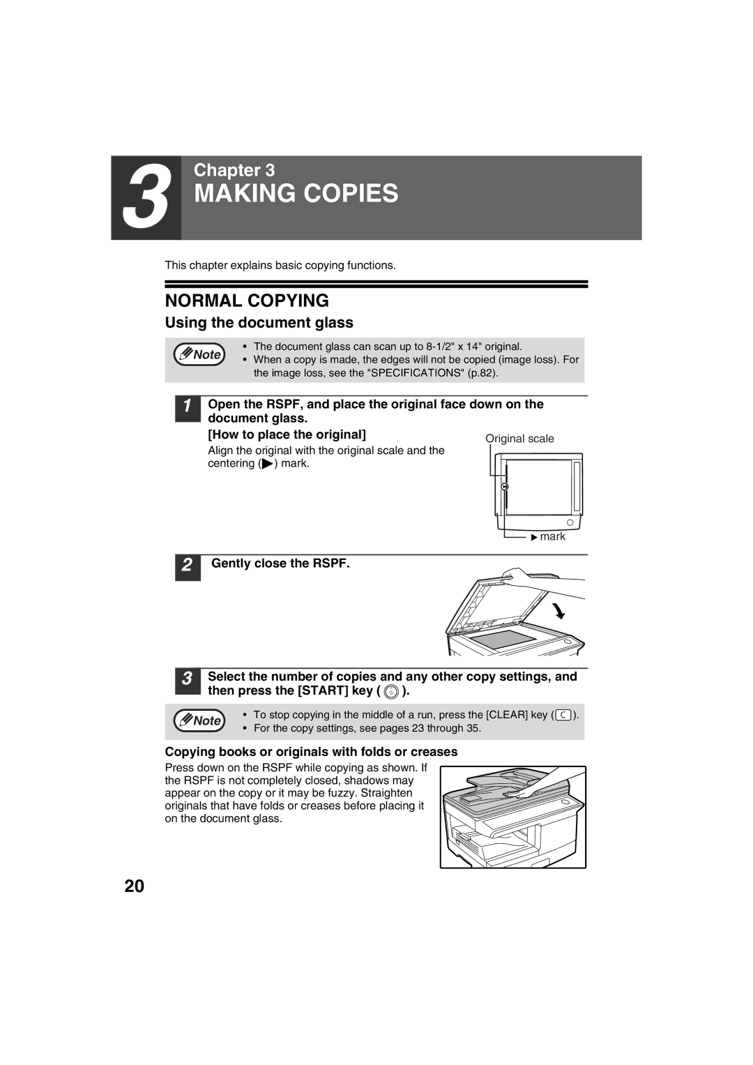 Sony AR-208S operation manual Normal Copying, Using the document glass, Copying books or originals with folds or creases 