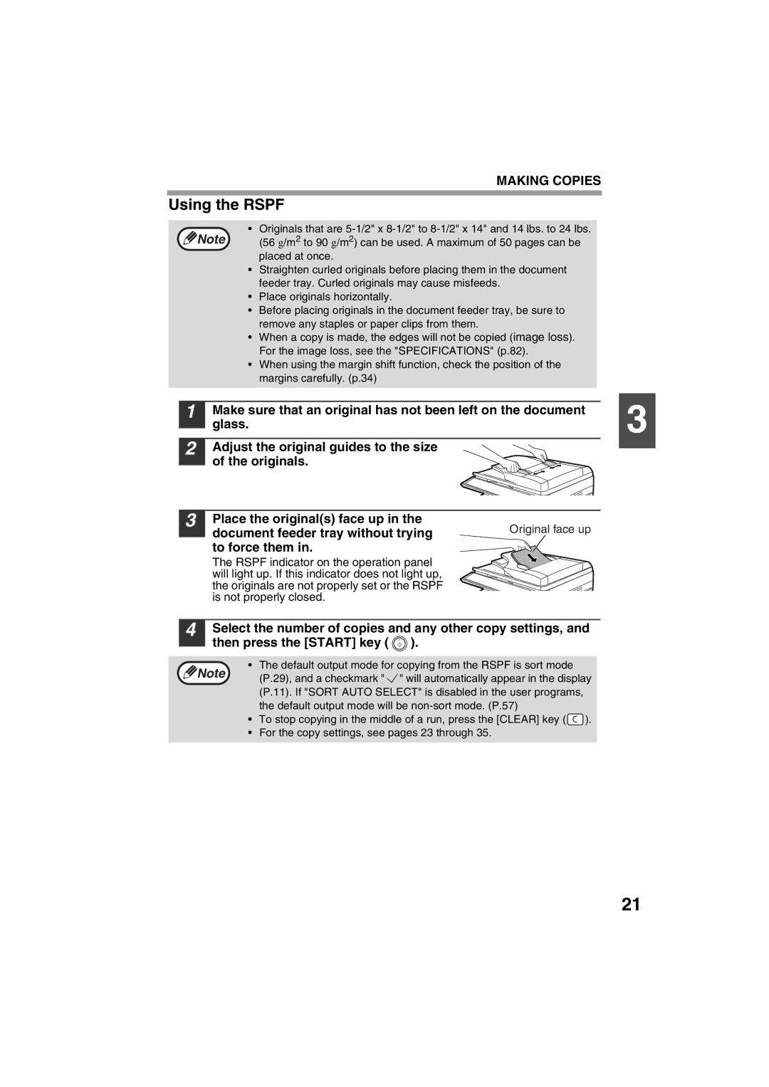 Sony AR-208S operation manual Using the Rspf, Document feeder tray without trying, To force them, Then press the Start key 