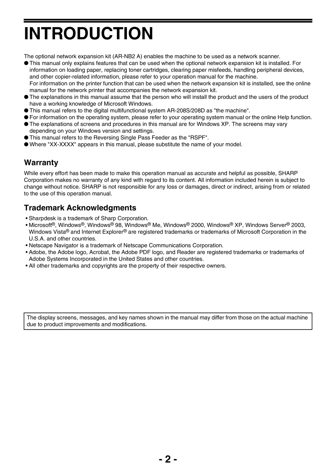 Sony AR-208S operation manual Introduction, Warranty Trademark Acknowledgments 