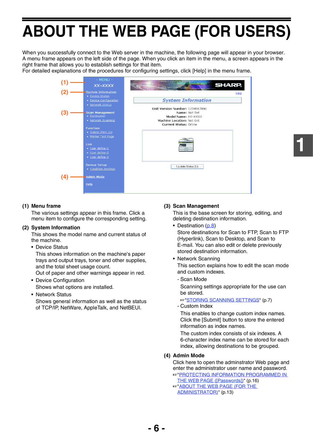 Sony AR-208S operation manual Menu frame, System Information, Scan Management, Admin Mode 