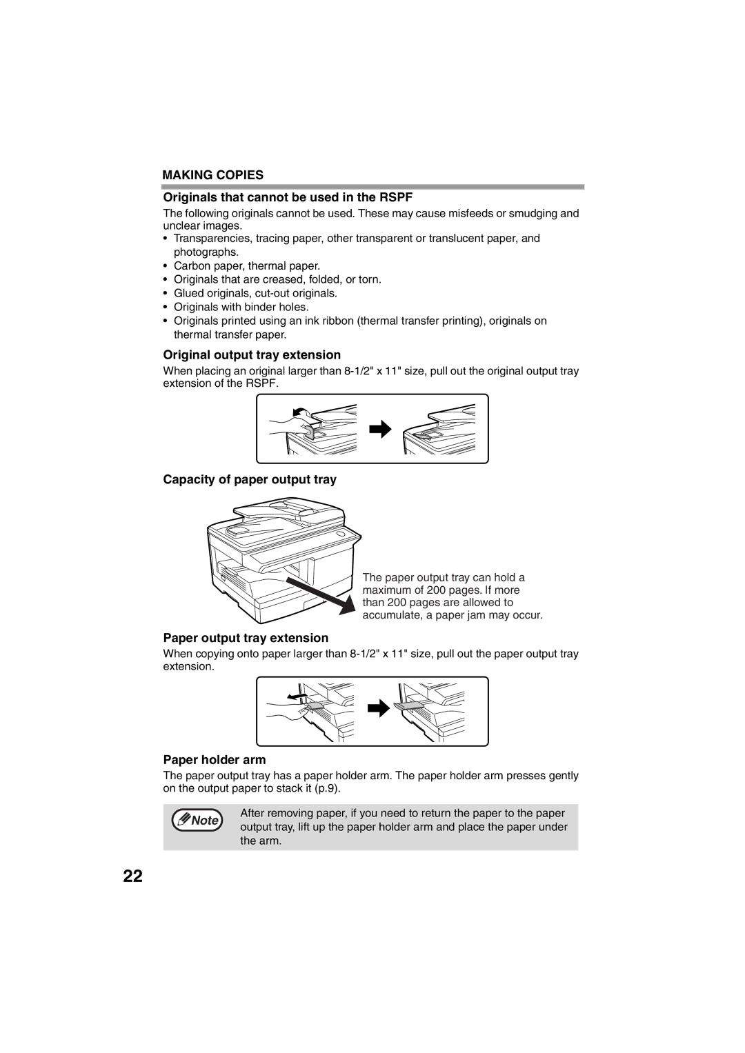 Sony AR-208S Originals that cannot be used in the Rspf, Original output tray extension, Capacity of paper output tray 