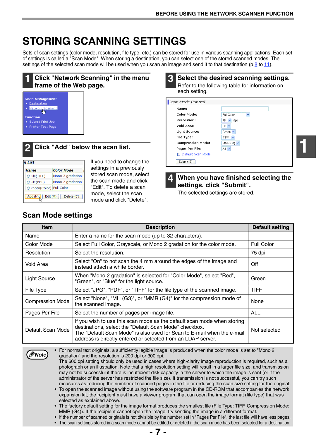 Sony AR-208S operation manual Scan Mode settings, Click Add below the scan list, Description Default setting 