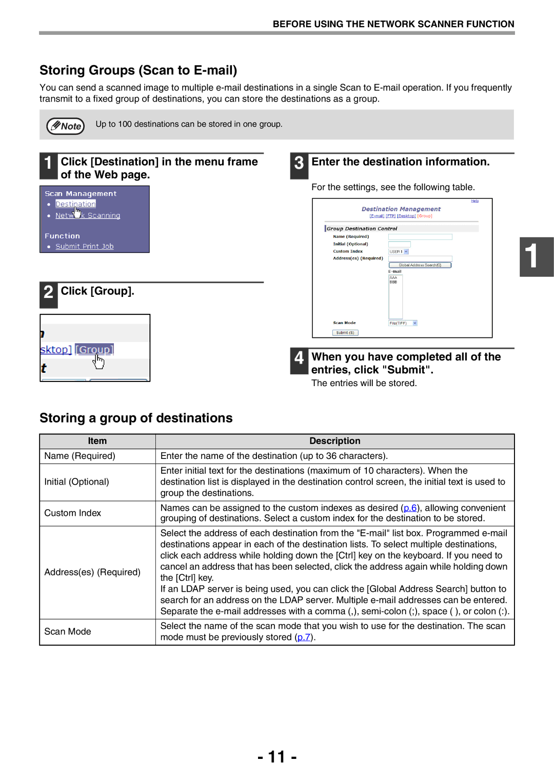 Sony AR-208S Storing Groups Scan to E-mail, Storing a group of destinations, For the settings, see the following table 