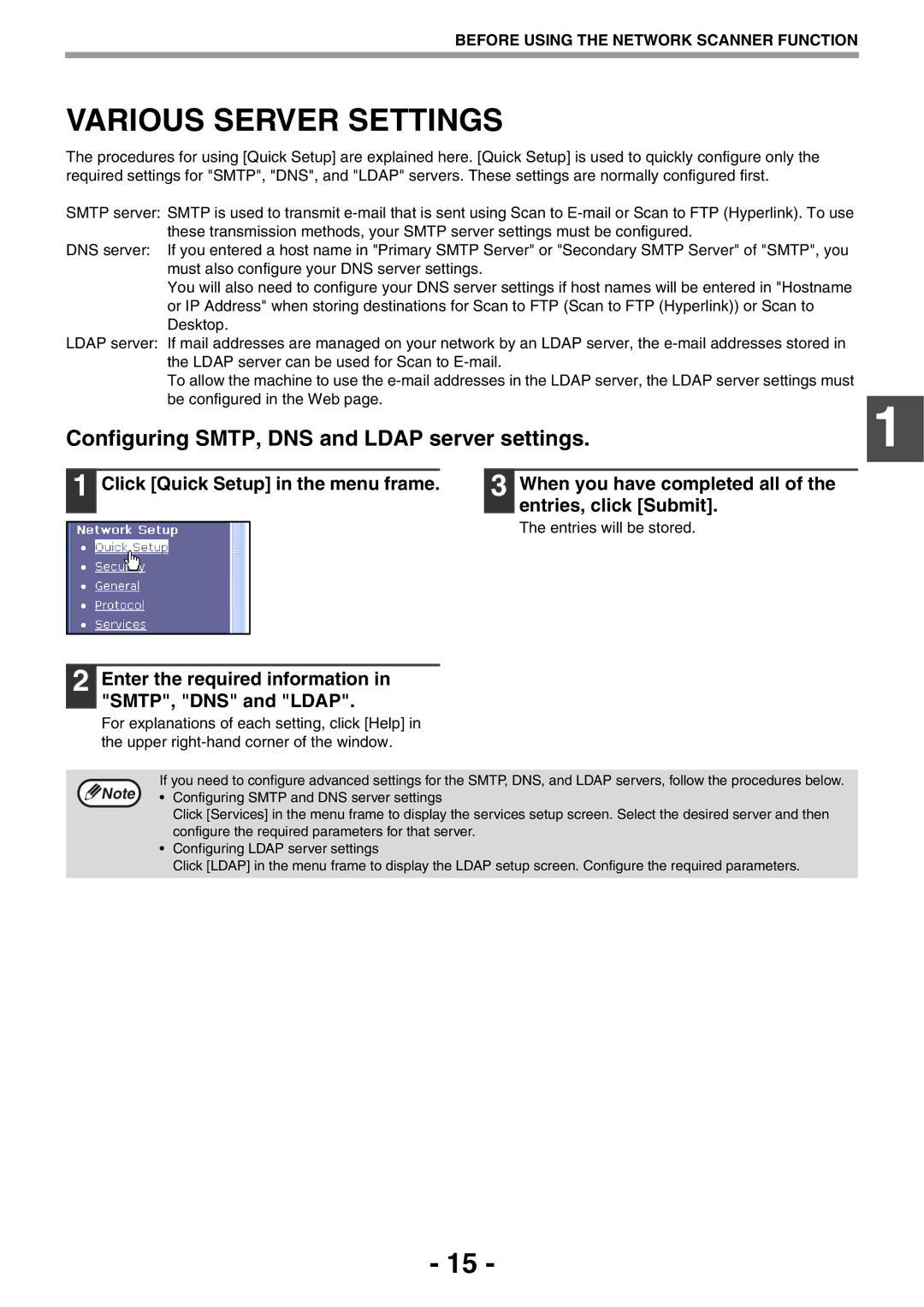 Sony AR-208S Configuring SMTP, DNS and Ldap server settings, Enter the required information in SMTP, DNS and Ldap 