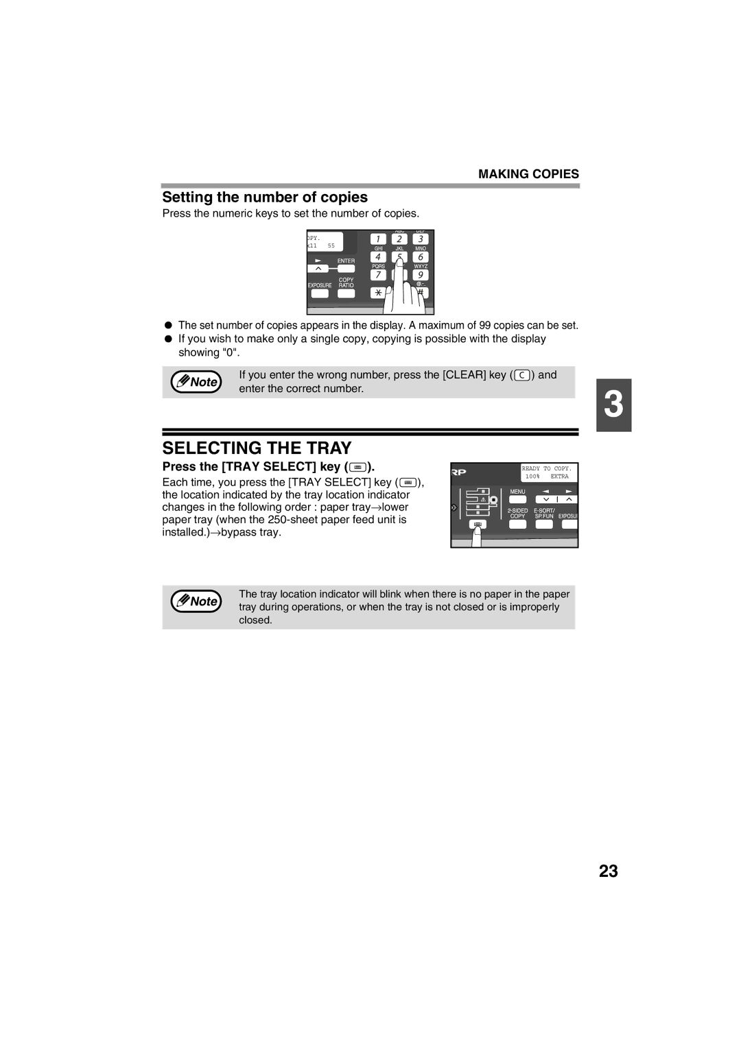 Sony AR-208S operation manual Selecting the Tray, Setting the number of copies, Press the Tray Select key 