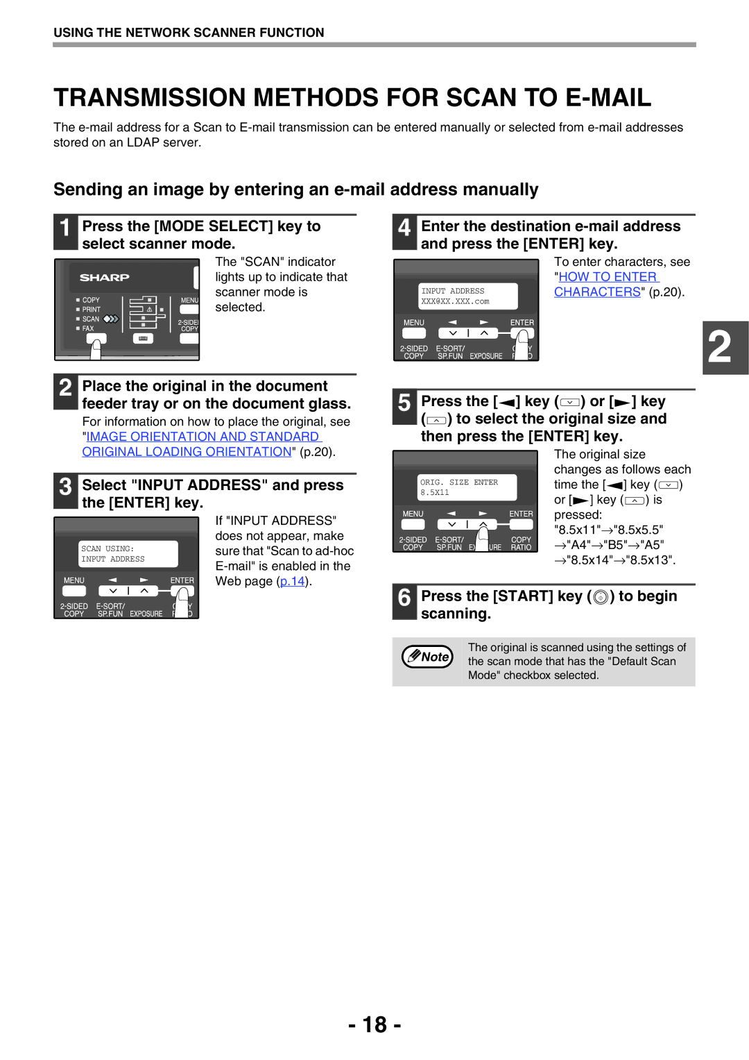 Sony AR-208S Sending an image by entering an e-mail address manually, Press the Mode Select key to select scanner mode 