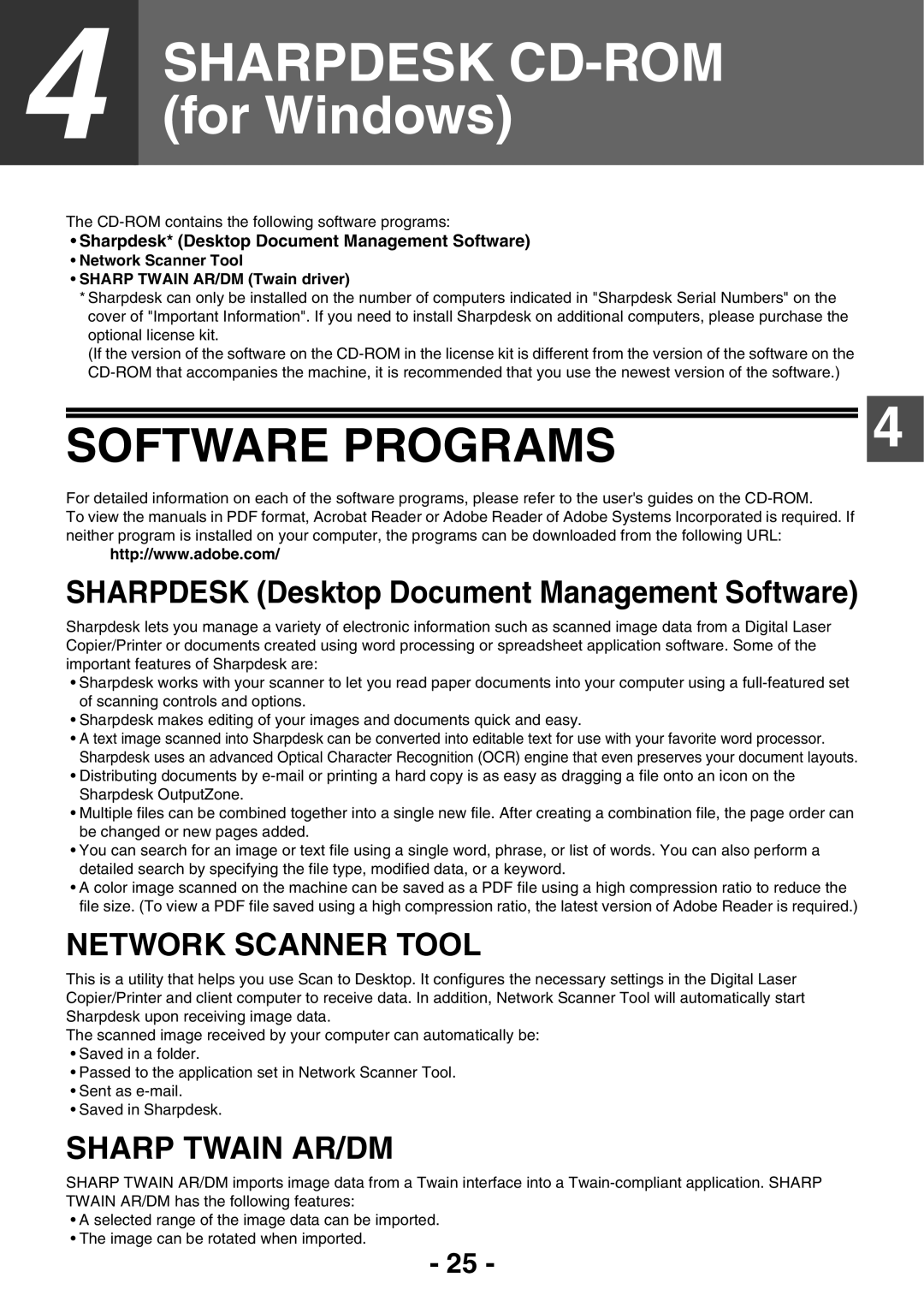 Sony AR-208S operation manual Sharpdesk CD-ROM for Windows, Network Scanner Tool Sharp Twain AR/DM Twain driver 