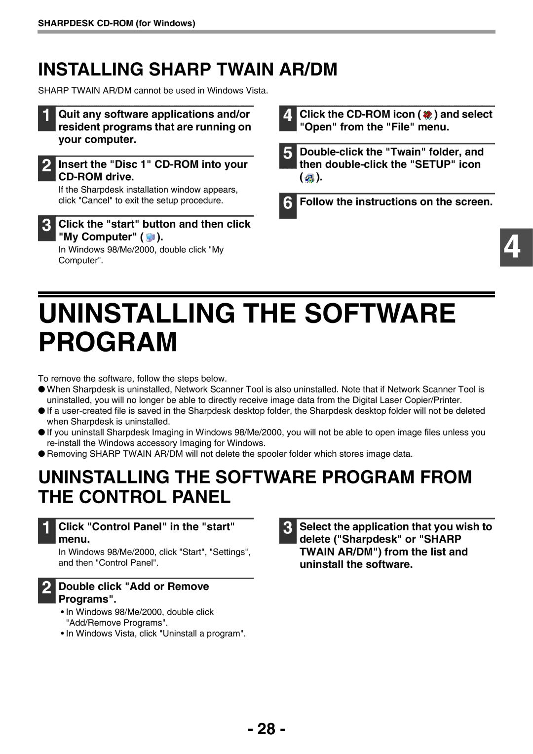 Sony AR-208S Click Control Panel in the start menu, Double click Add or Remove Programs, Sharpdesk CD-ROM for Windows 