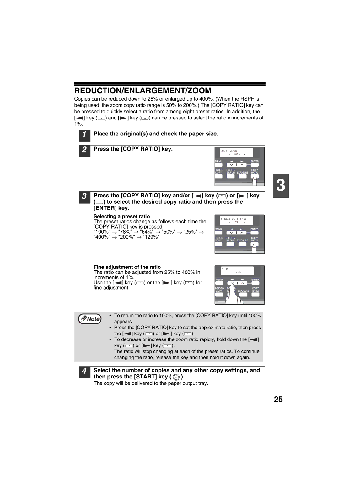 Sony AR-208S operation manual Reduction/Enlargement/Zoom, Selecting a preset ratio, Fine adjustment of the ratio 