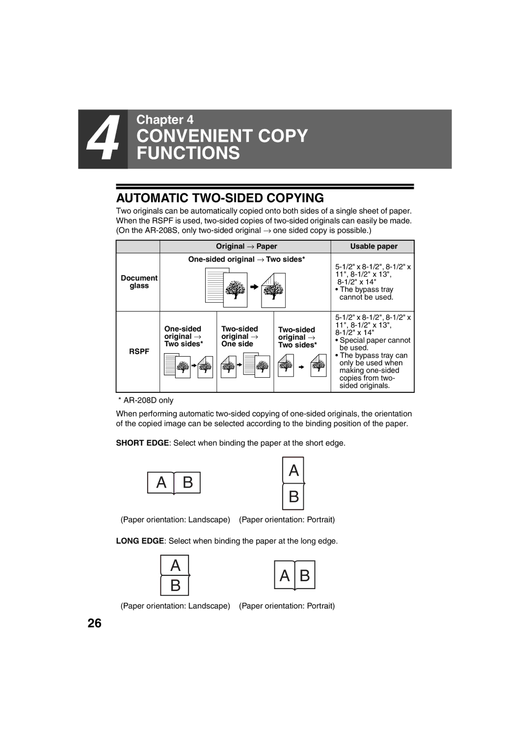 Sony AR-208S operation manual Automatic TWO-SIDED Copying, AR-208D only 