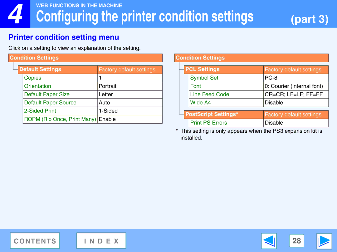 Sony AR-208S operation manual Printer condition setting menu, Condition Settings Default Settings 