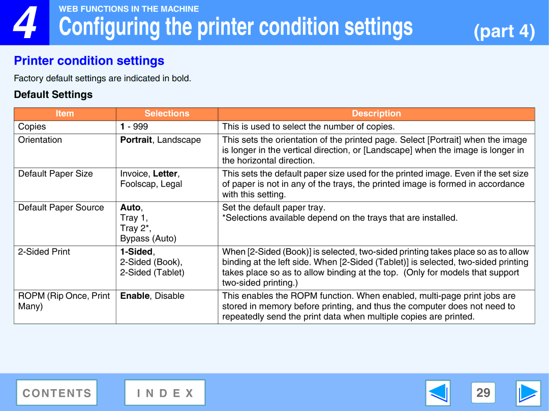 Sony AR-208S operation manual Printer condition settings, Default Settings 