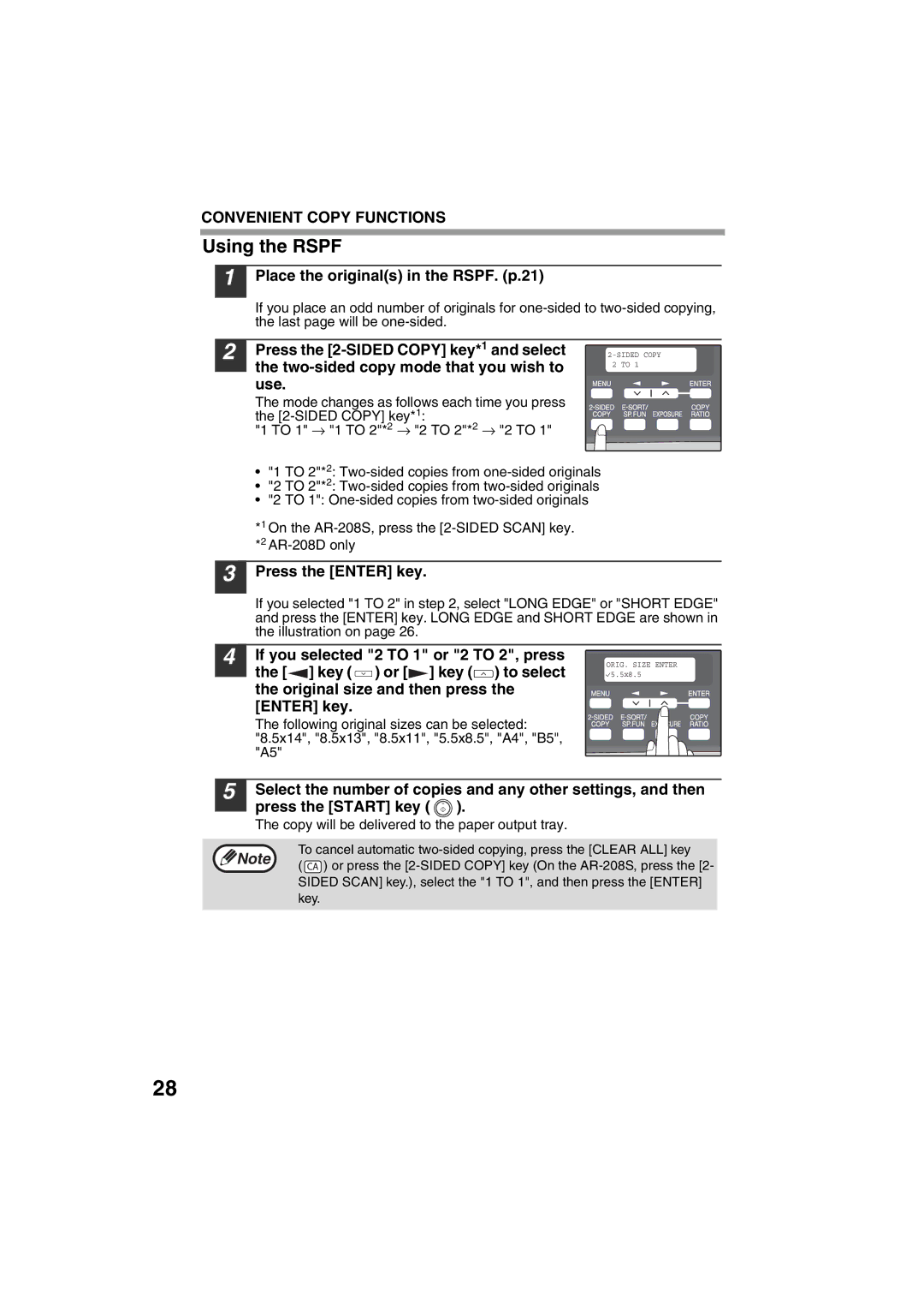 Sony AR-208S operation manual Place the originals in the RSPF. p.21, Press the Enter key 