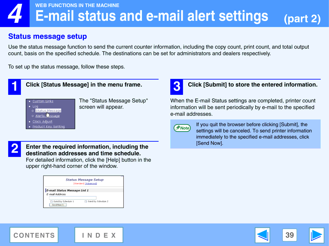 Sony AR-208S Status message setup, Click Status Message in the menu frame, Click Submit to store the entered information 